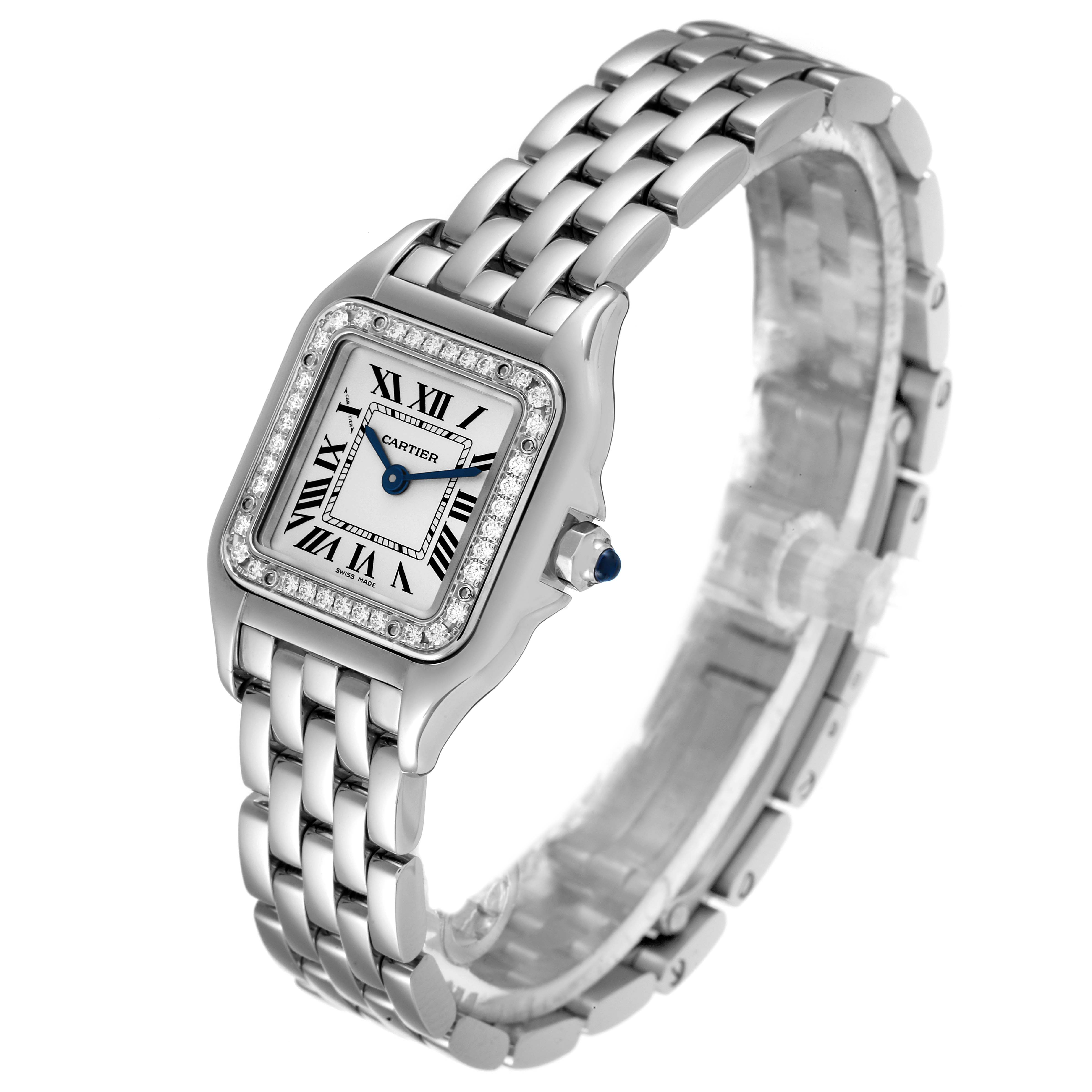 The image shows a Cartier Panthere W4PN0007 Women's Stainless Steel Silver Dial W4PN0007 Women's Stainless Steel Silver Dial watch at a slight angle, highlighting its face, bezel, crown, and bracelet.