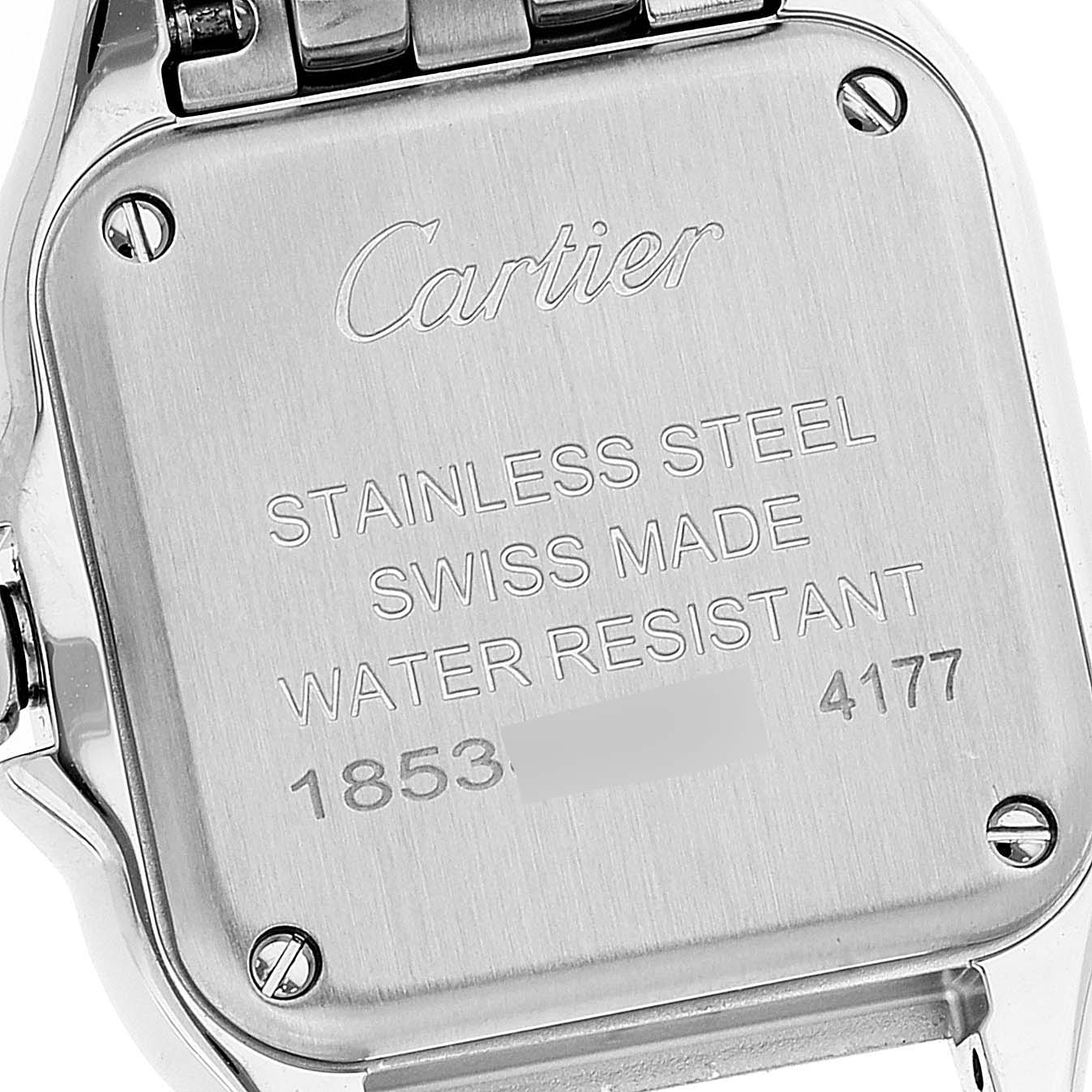 The image shows the back case of a Panthere model by Cartier, displaying engravings and screws.