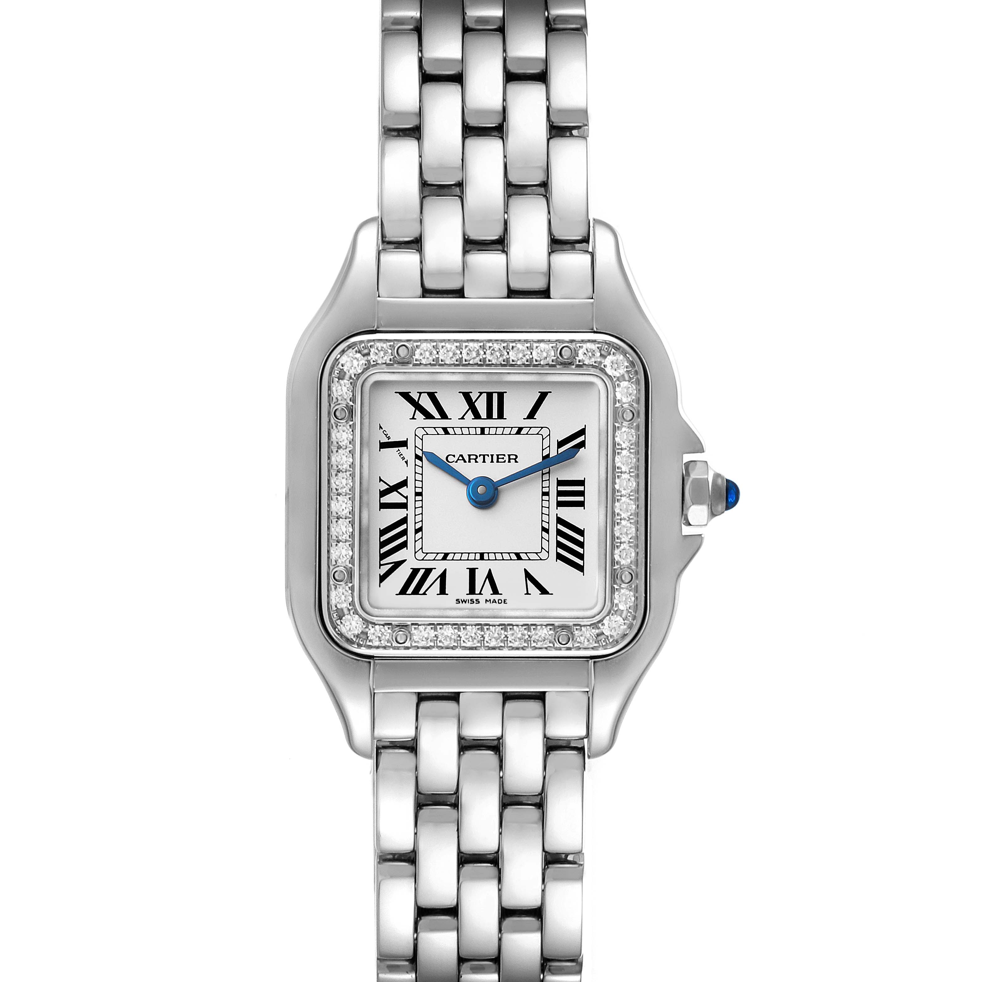 This image shows a front view of a Cartier Panthere W4PN0007 Women's Stainless Steel Silver Dial W4PN0007 Women's Stainless Steel Silver Dial watch featuring a metal bracelet and a diamond-encrusted bezel.