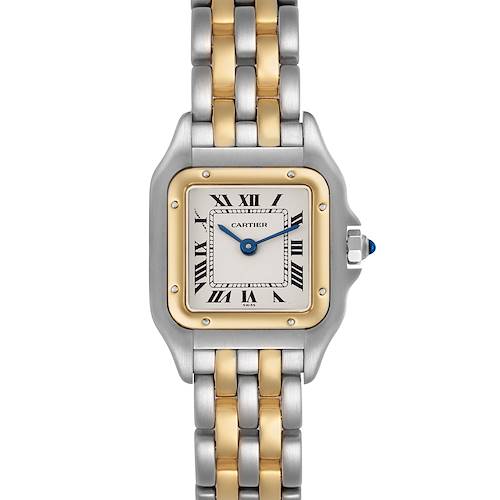 The Cartier Panthere W25029B6 Women's Stainless Steel Silver Dial watch is shown from a top-down angle, featuring the face, bezel, and bracelet with a two-tone design.