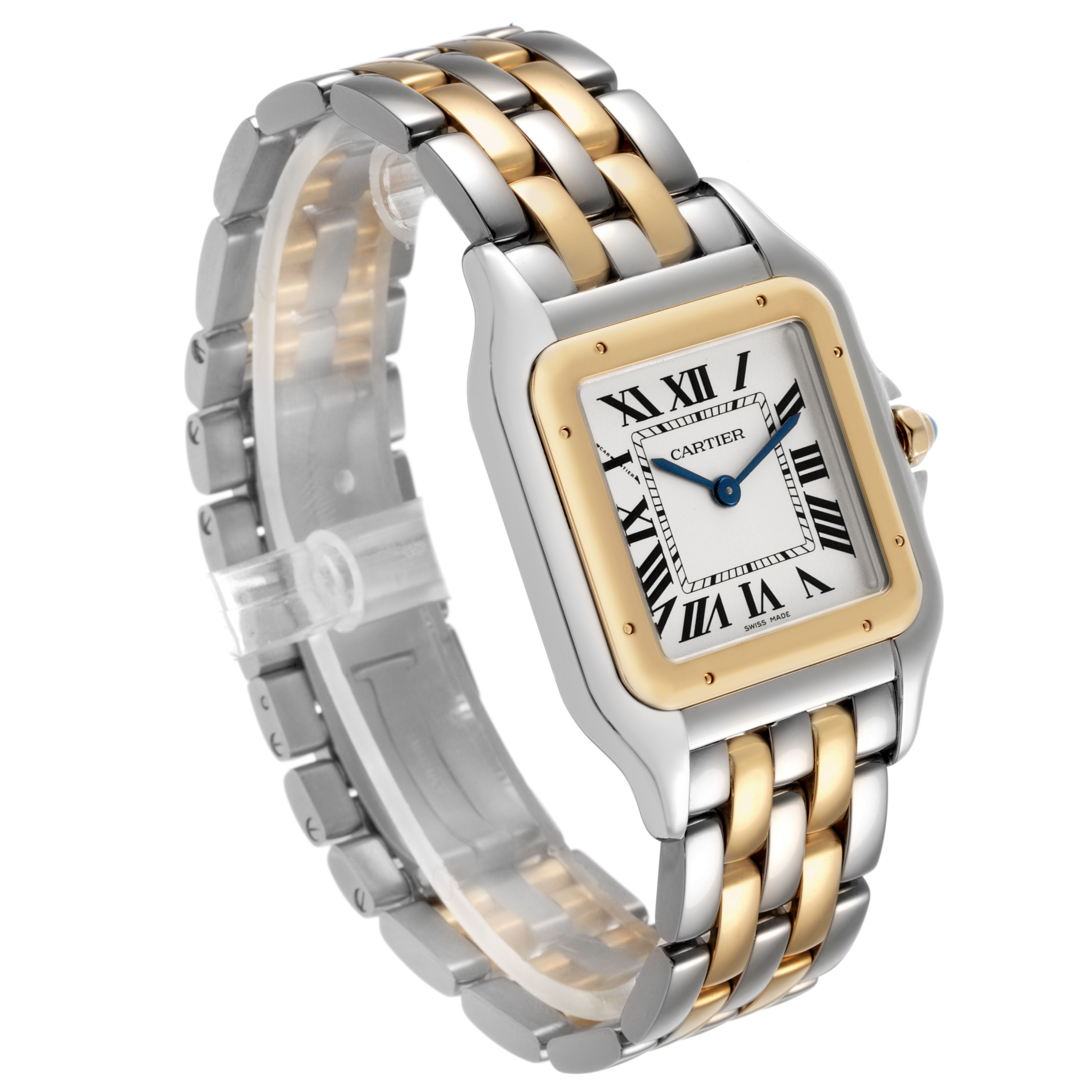 The Cartier Panthere W2PN0016 Women's Steel and Gold (two tone) Silver Dial watch is shown at a three-quarter angle, highlighting its two-tone bracelet and square face with Roman numerals.