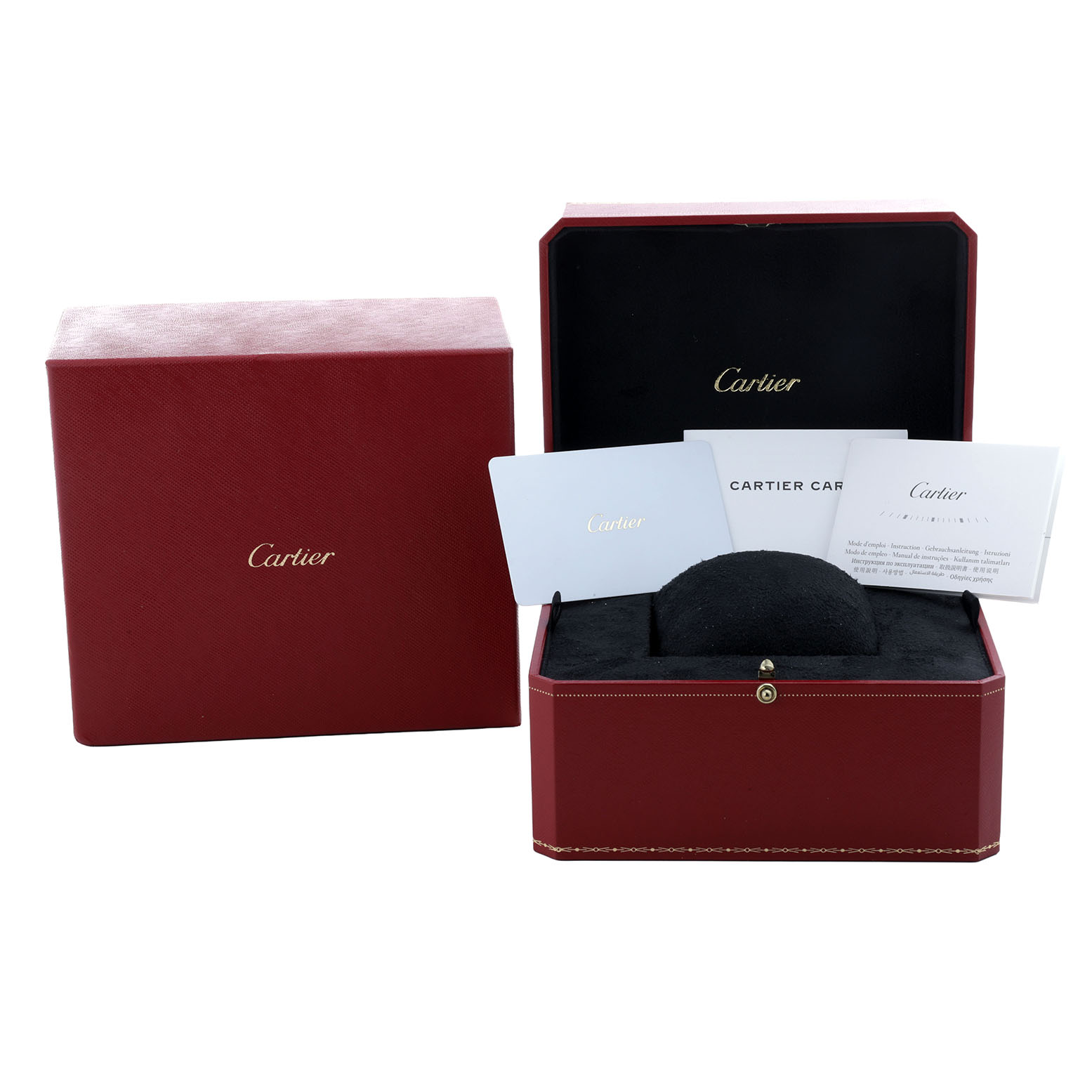 This image shows the Panthere by Cartier watch box open, with the inner cushion and documentation visible.