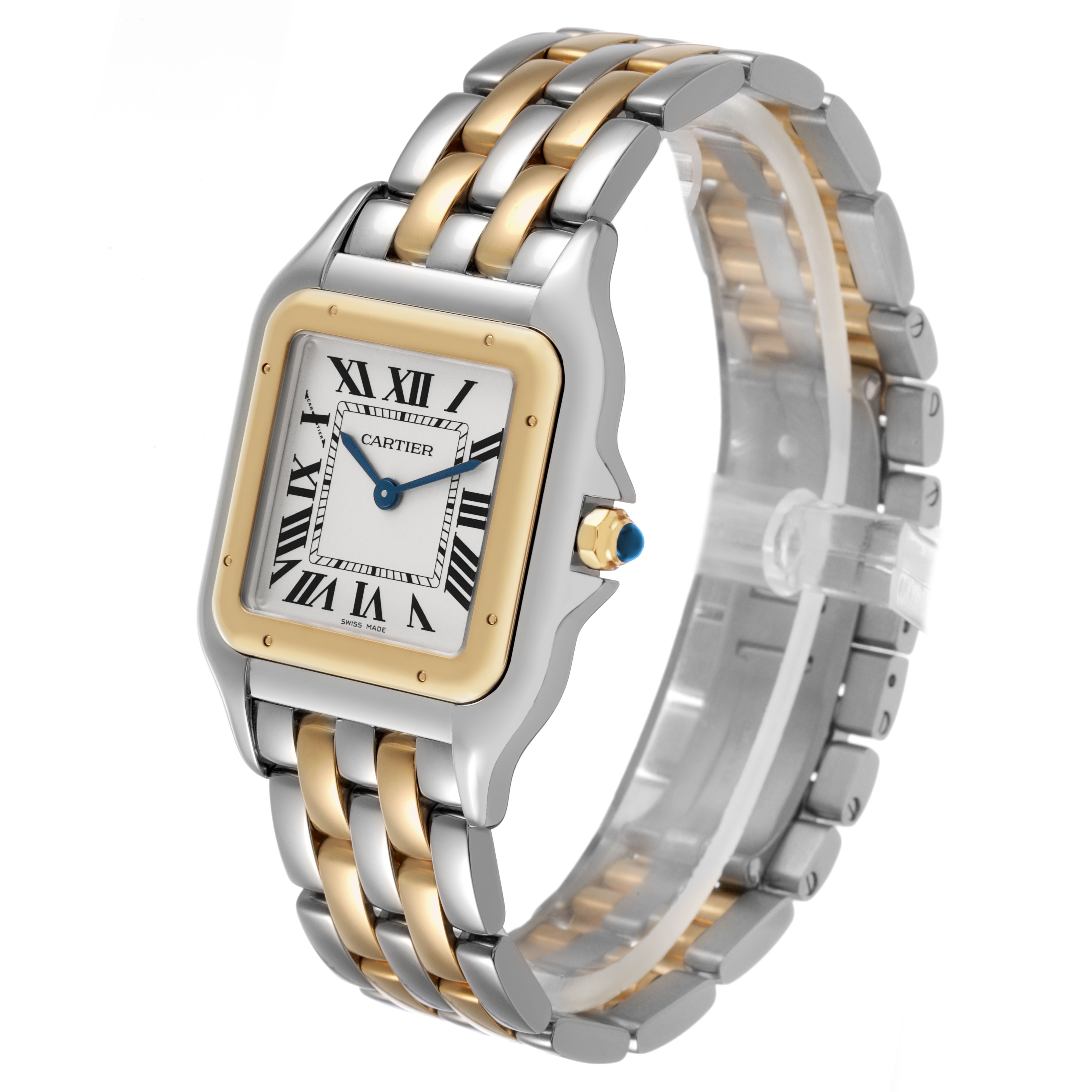 The Cartier Panthere W2PN0016 Women's Steel and Gold (two tone) Silver Dial watch is shown at an angle highlighting its face, bezel, and two-tone metal bracelet.