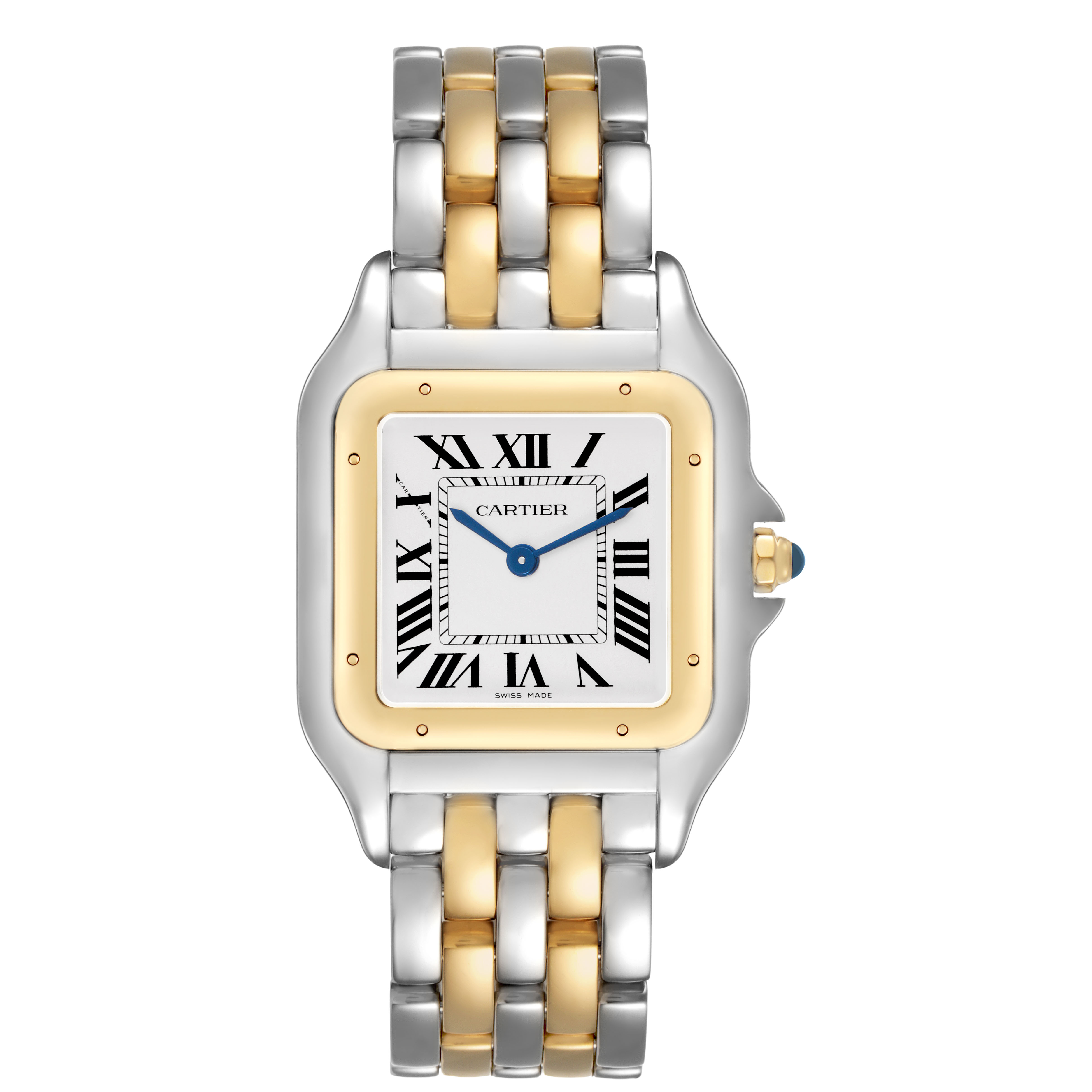 The image shows a frontal view of the Cartier Panthère watch, highlighting its two-tone bracelet and square face with Roman numerals.