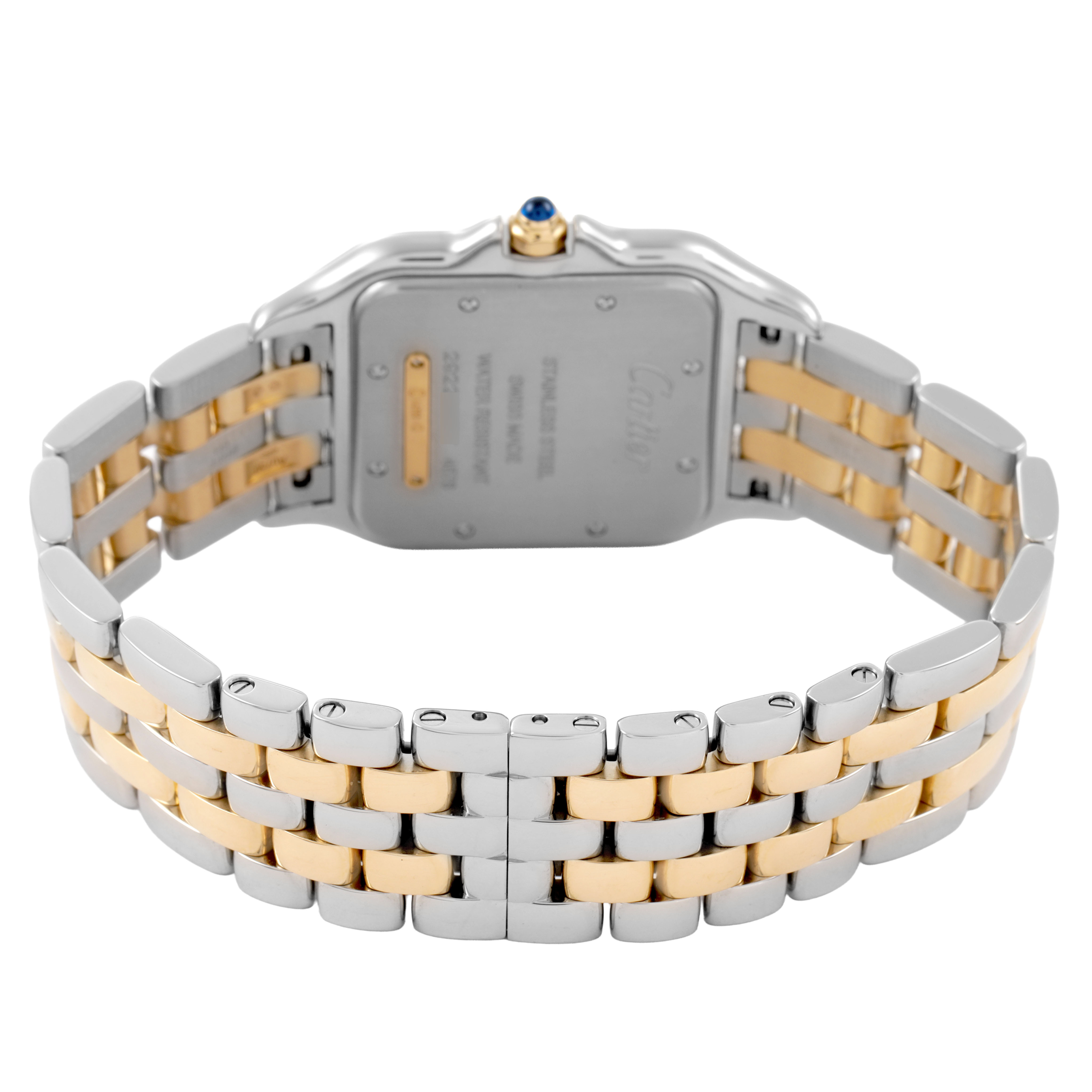 The image shows the back view of a two-tone bracelet and case of a Cartier Panthere W2PN0016 Women's Steel and Gold (two tone) Silver Dial watch.