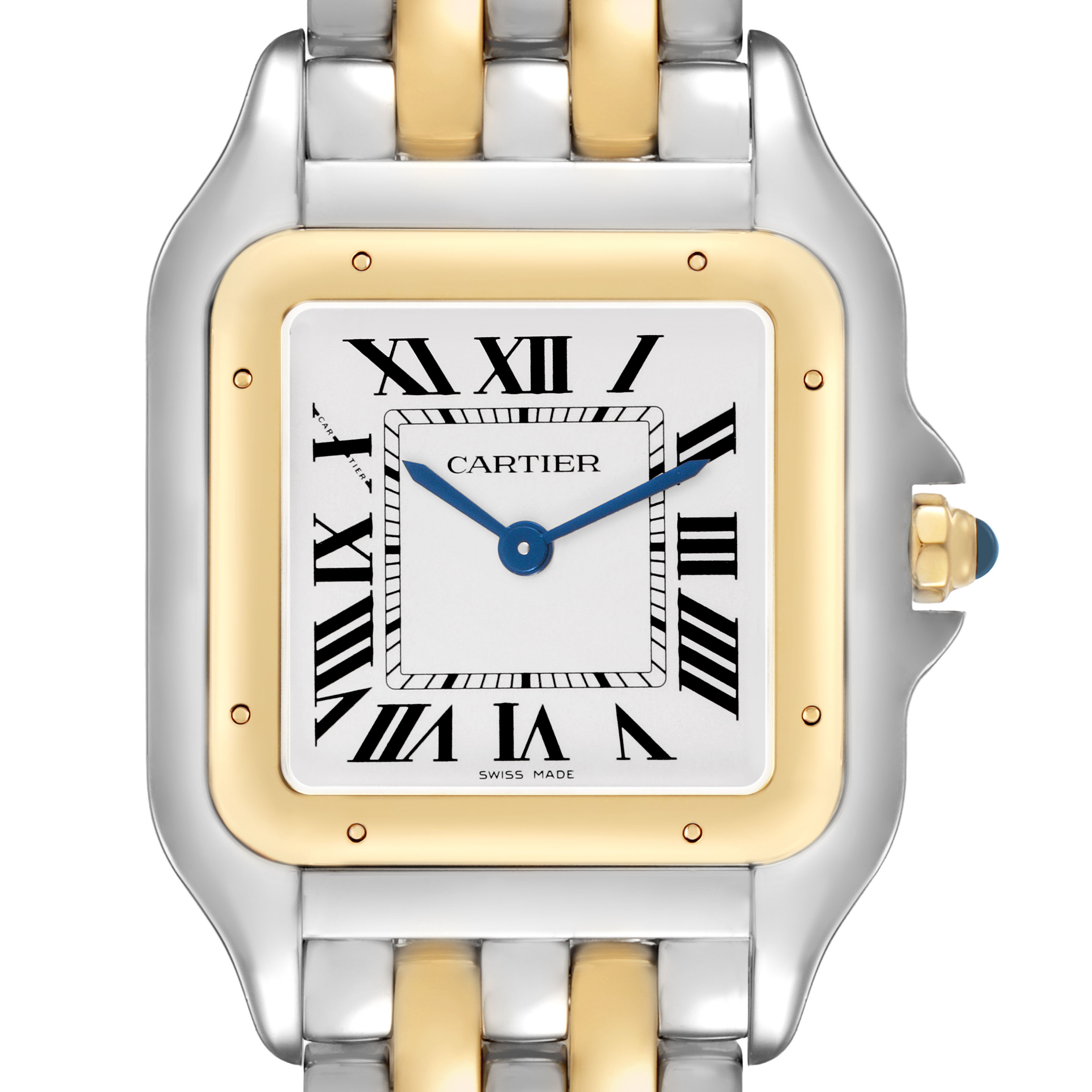 The Cartier Panthère watch is shown front-facing, highlighting the bezel, dial, and part of the bracelet.
