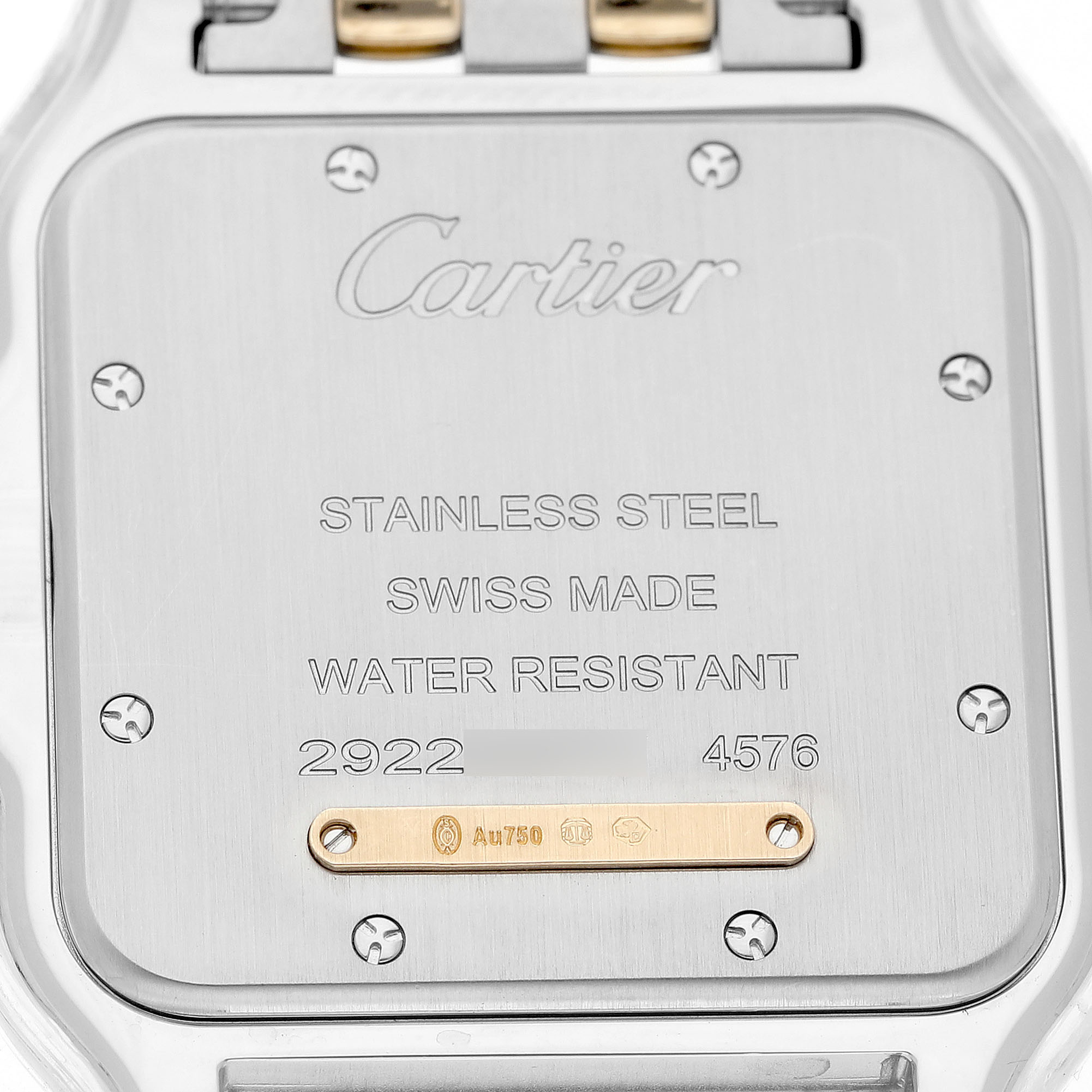 The image shows the back case of a Cartier Panthere W2PN0016 Women's Steel and Gold (two tone) Silver Dial watch, highlighting its material and water resistance specifications.