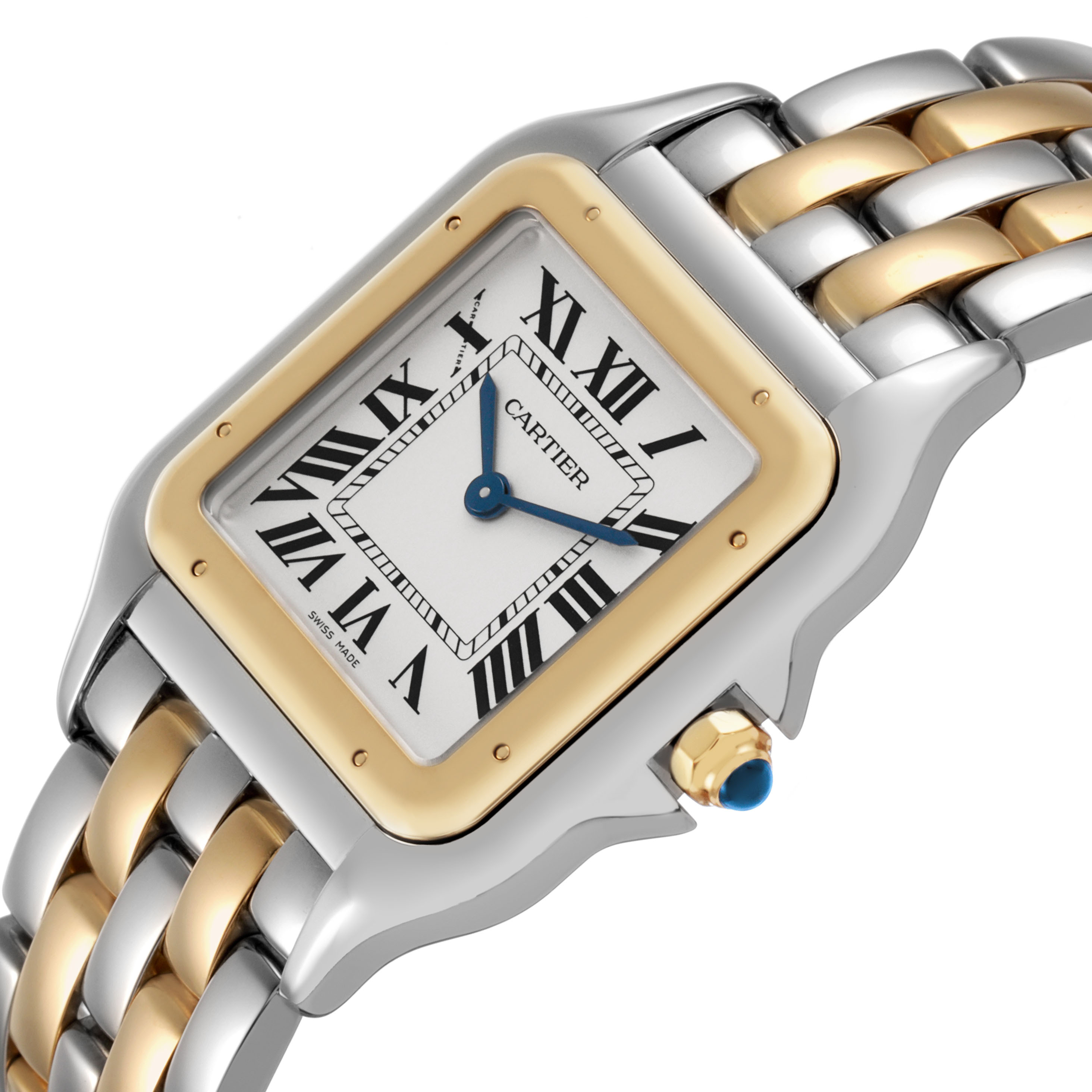The Cartier Panthere W2PN0016 Women's Steel and Gold (two tone) Silver Dial watch is shown at a three-quarter angle, highlighting the dial, bezel, and dual-tone bracelet.
