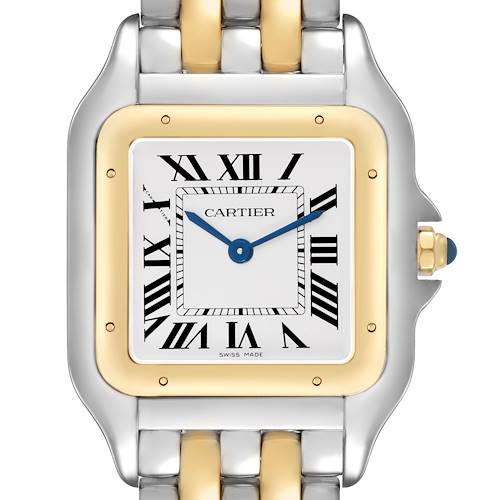 The Cartier Panthere W2PN0016 Women's Steel and Gold (two tone) Silver Dial watch is shown from a front angle, highlighting the dial, hands, bezel, and part of the bracelet.