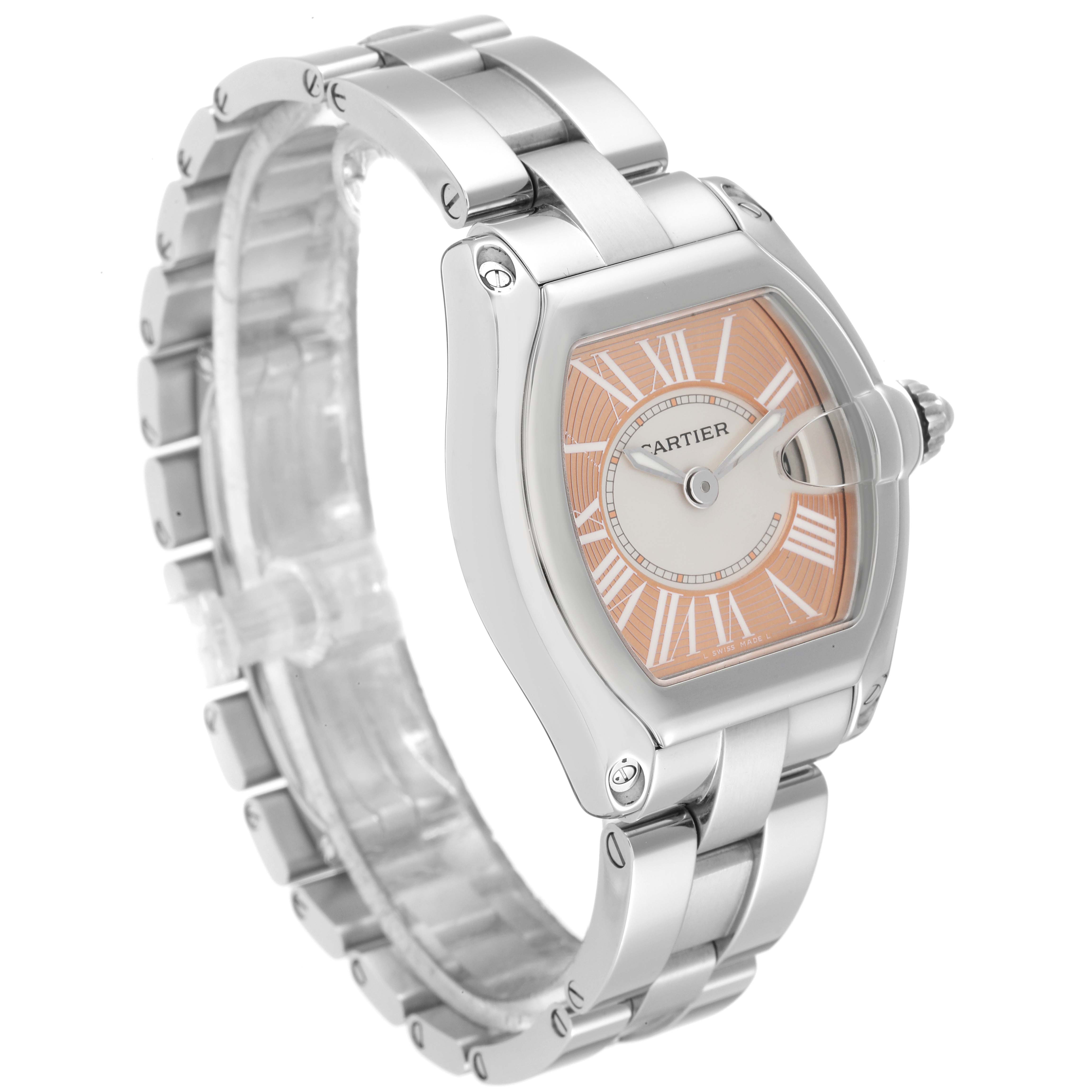 The Cartier Roadster W62054V3 Women's Stainless Steel Pink Dial W62054V3 Women's Stainless Steel Pink Dial watch is shown at a side angle, displaying the dial, bezel, and bracelet links.