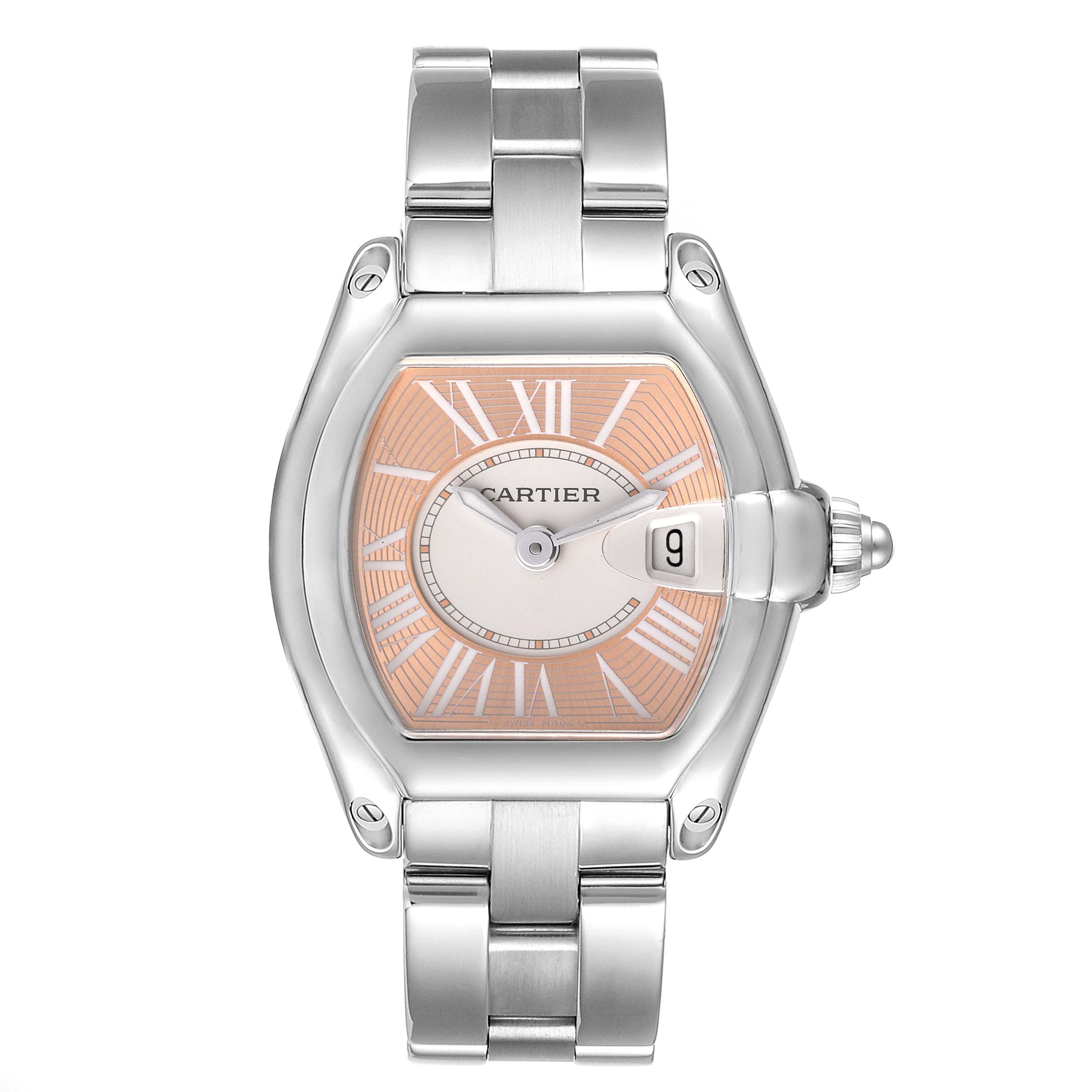 The image shows a front view of the Cartier Roadster W62054V3 Women's Stainless Steel Pink Dial W62054V3 Women's Stainless Steel Pink Dial watch, highlighting its unique case shape, Roman numeral dial, and metal bracelet.