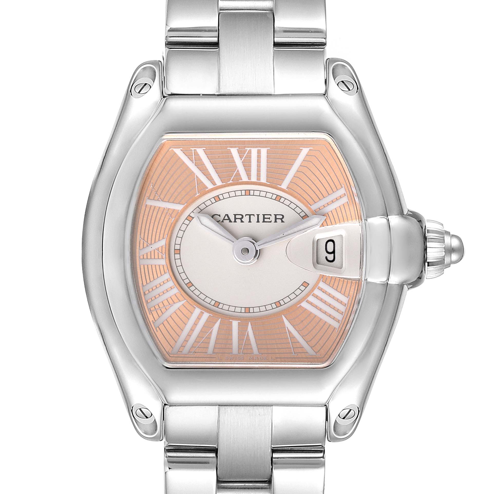 The image shows a close-up of the Cartier Roadster W62054V3 Women's Stainless Steel Pink Dial W62054V3 Women's Stainless Steel Pink Dial watch, highlighting the face, bezel, crown, and part of the bracelet.