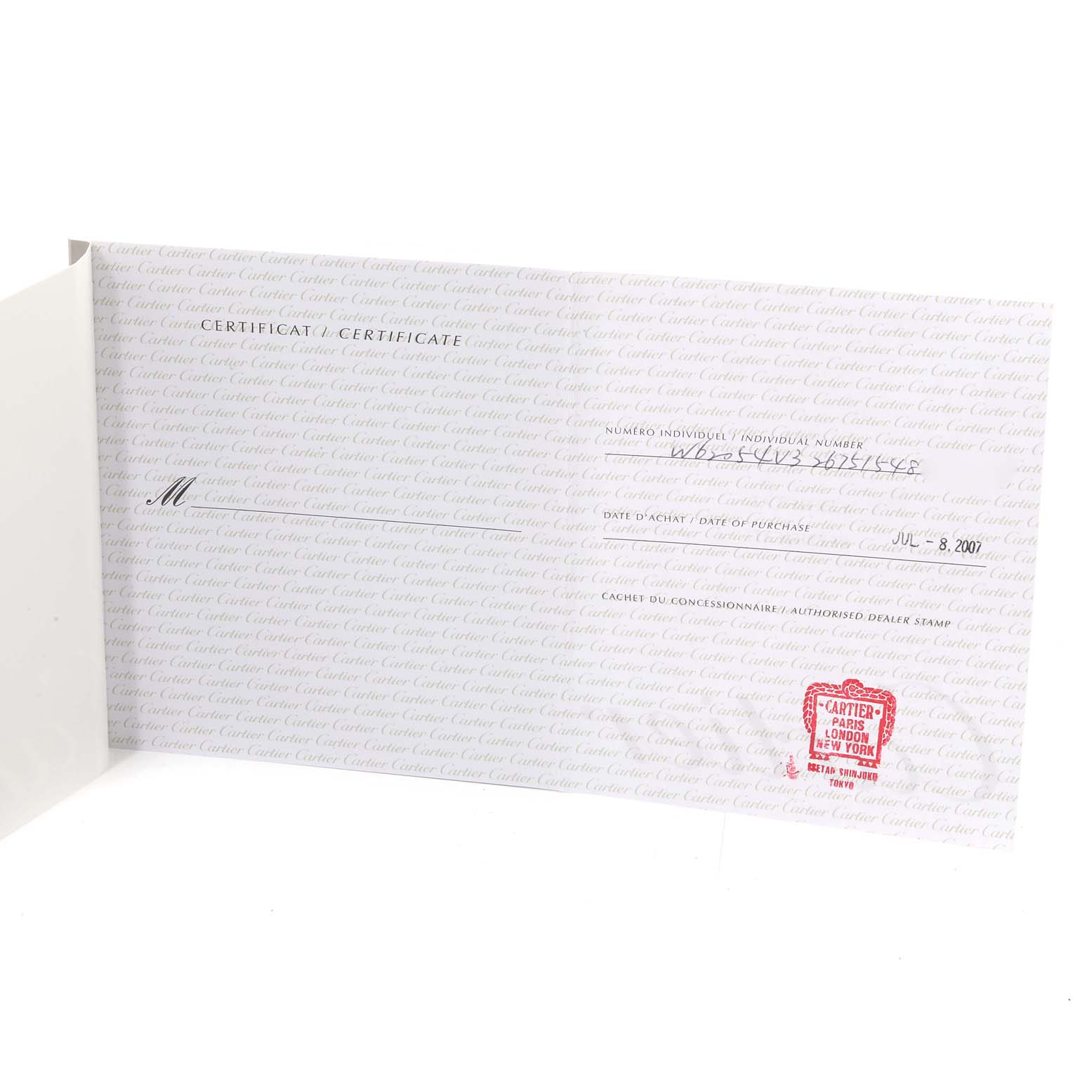 This image shows a certificate for the Cartier Roadster W62054V3 Women's Stainless Steel Pink Dial W62054V3 Women's Stainless Steel Pink Dial watch, displaying purchase details and an authorized dealer stamp.