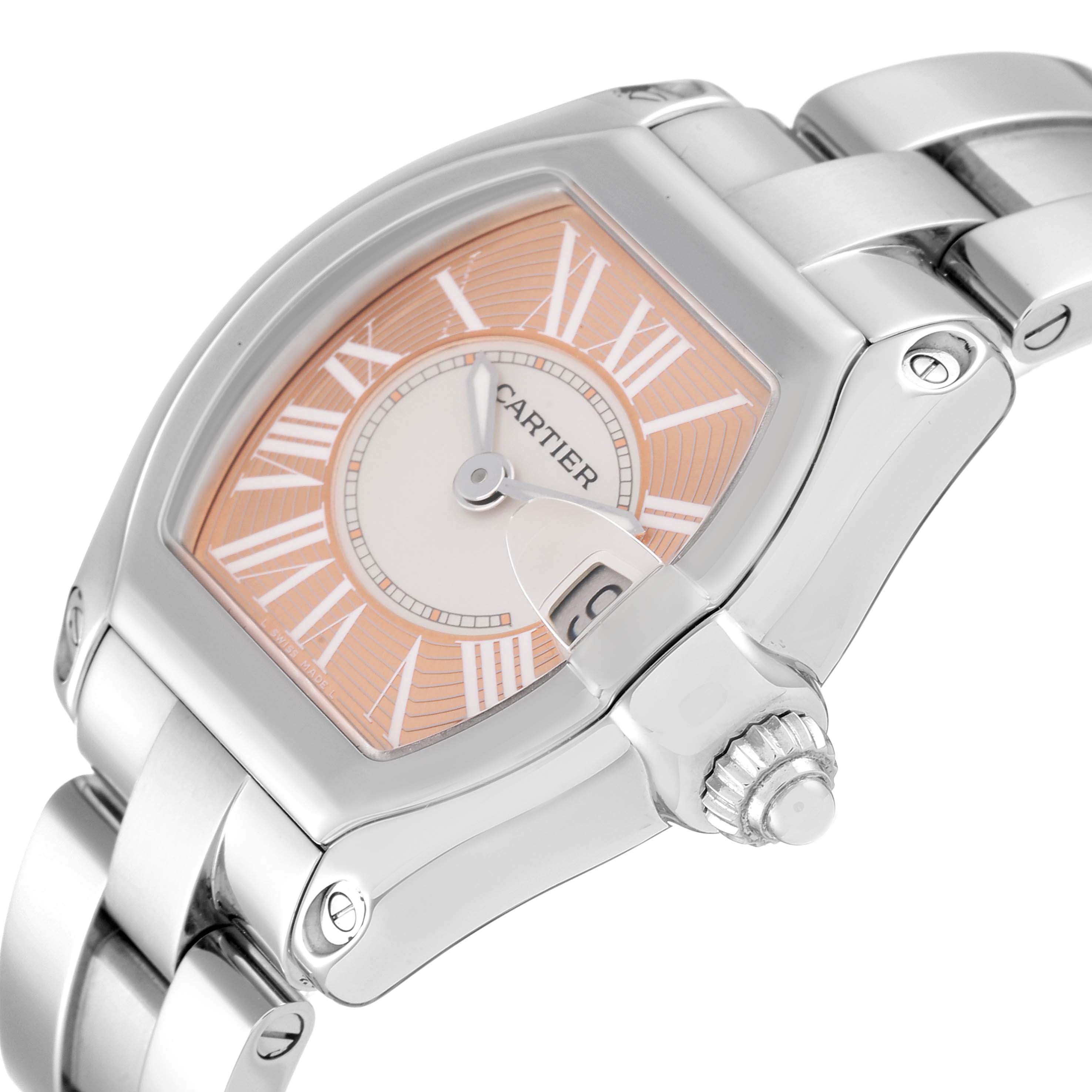 This image shows a close-up angle of the Cartier Roadster W62054V3 Women's Stainless Steel Pink Dial W62054V3 Women's Stainless Steel Pink Dial watch, highlighting the dial, case, and part of the bracelet.