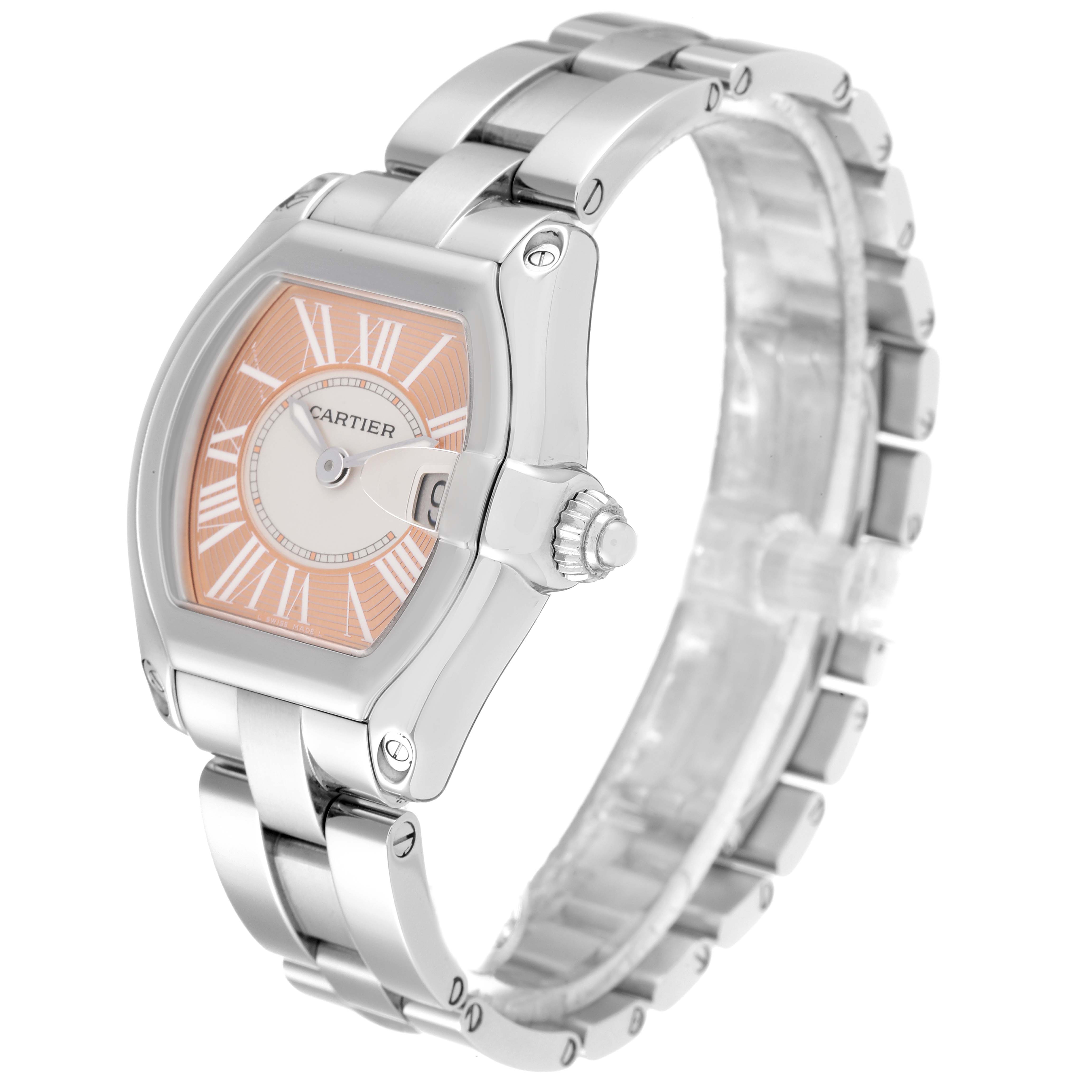 The image shows a Cartier Roadster W62054V3 Women's Stainless Steel Pink Dial W62054V3 Women's Stainless Steel Pink Dial watch from a side angle, highlighting its dial, case, stainless steel bracelet, and crown.