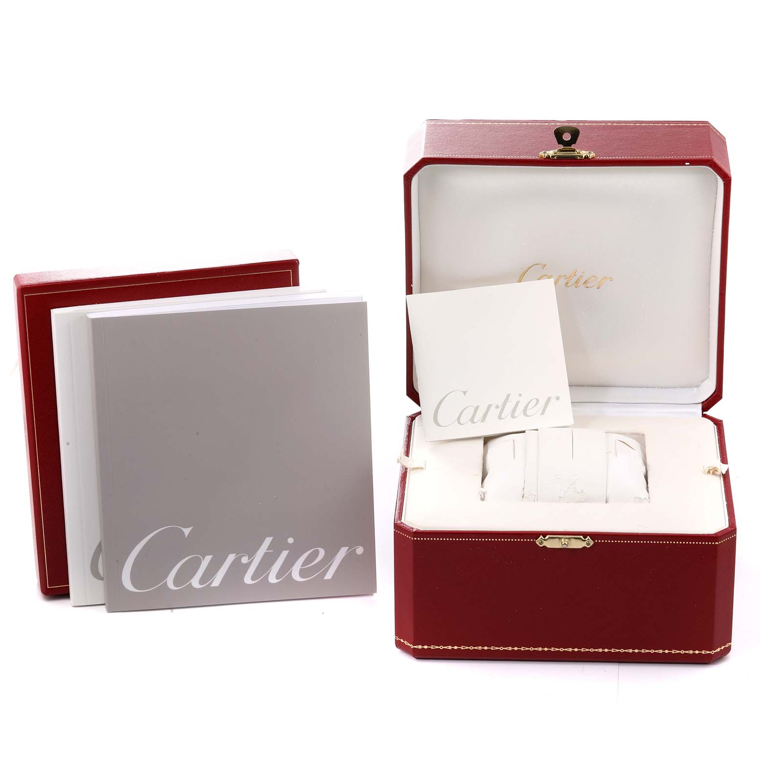 The image shows the Cartier Roadster W62054V3 Women's Stainless Steel Pink Dial W62054V3 Women's Stainless Steel Pink Dial watch box, user manuals, and a warranty card.
