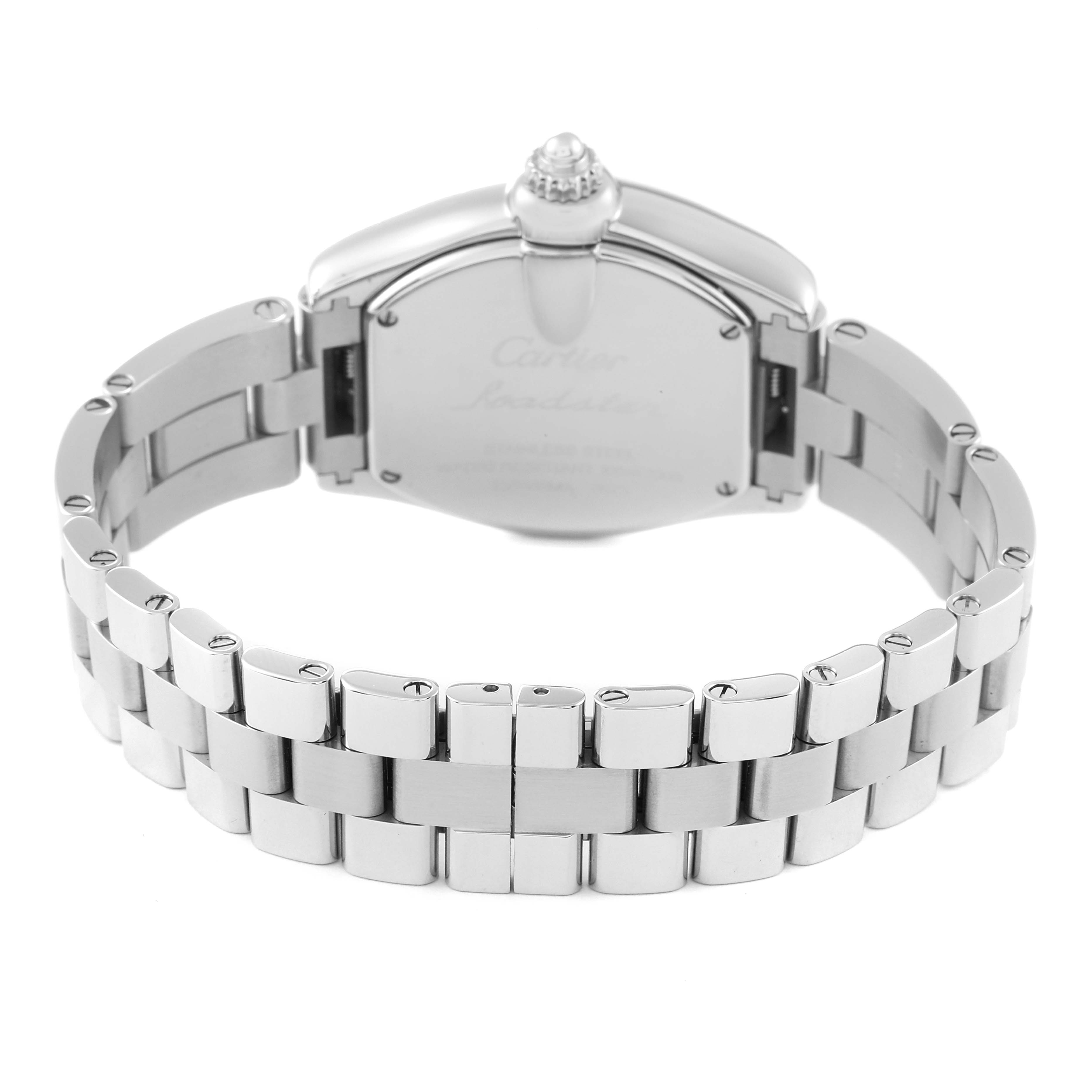 This image shows the back view of the Cartier Roadster W62054V3 Women's Stainless Steel Pink Dial W62054V3 Women's Stainless Steel Pink Dial watch, focusing on the case back and bracelet.
