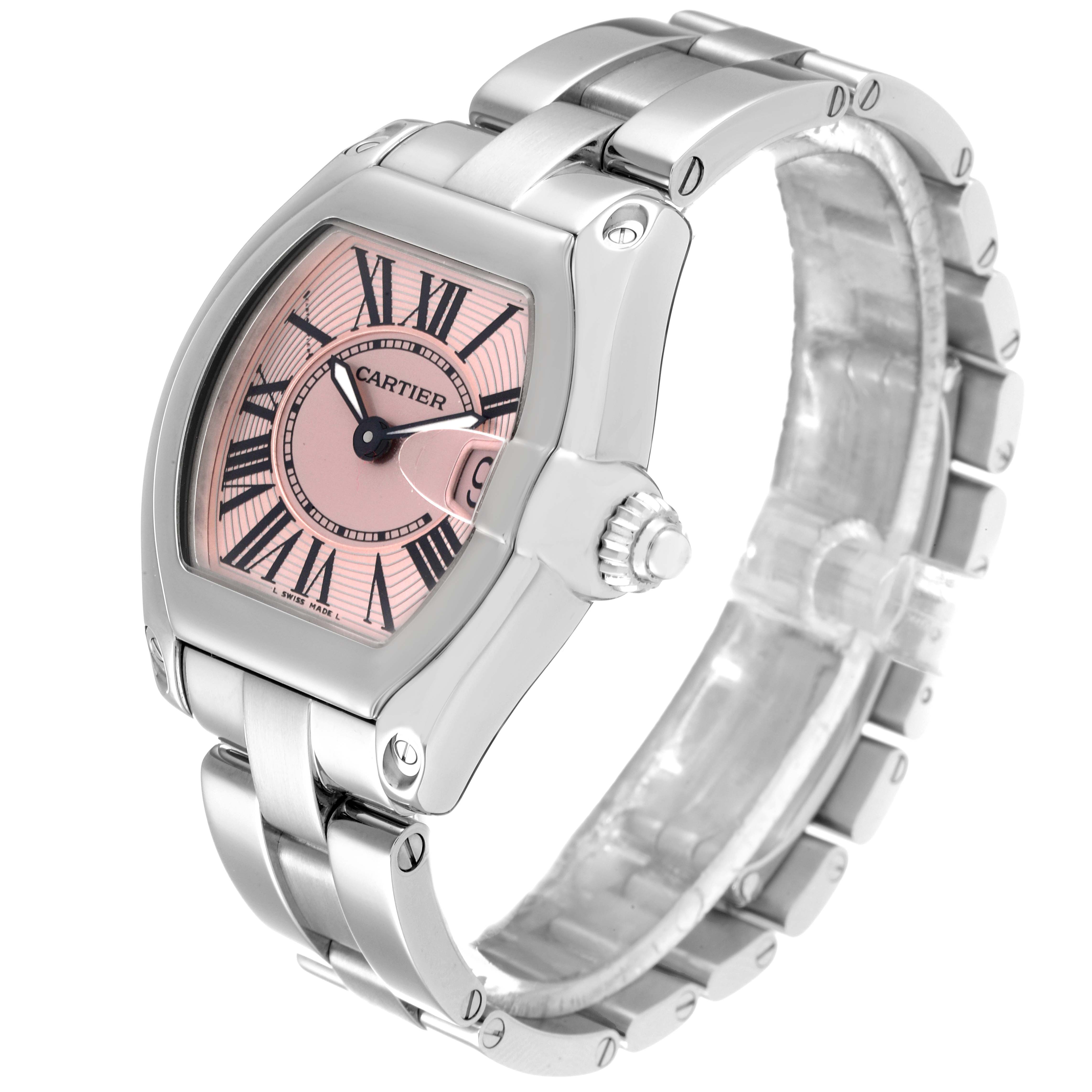 The image shows a Cartier Roadster W62017V3 Women's Stainless Steel Pink Dial W62017V3 Women's Stainless Steel Pink Dial watch from a three-quarter angle, highlighting the face, case, and bracelet.