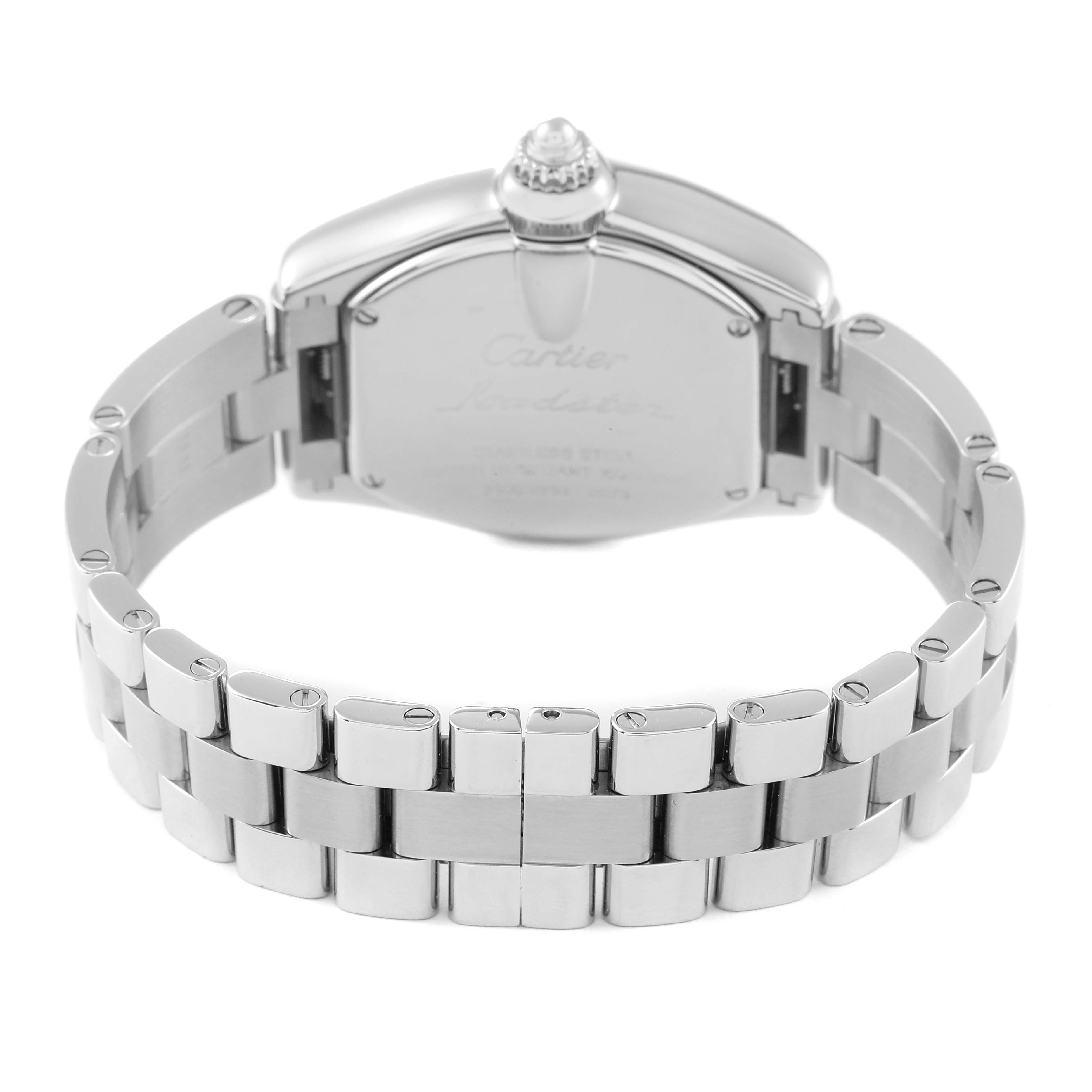 This image shows the back and bracelet of the Cartier Roadster W62017V3 Women's Stainless Steel Pink Dial W62017V3 Women's Stainless Steel Pink Dial watch.