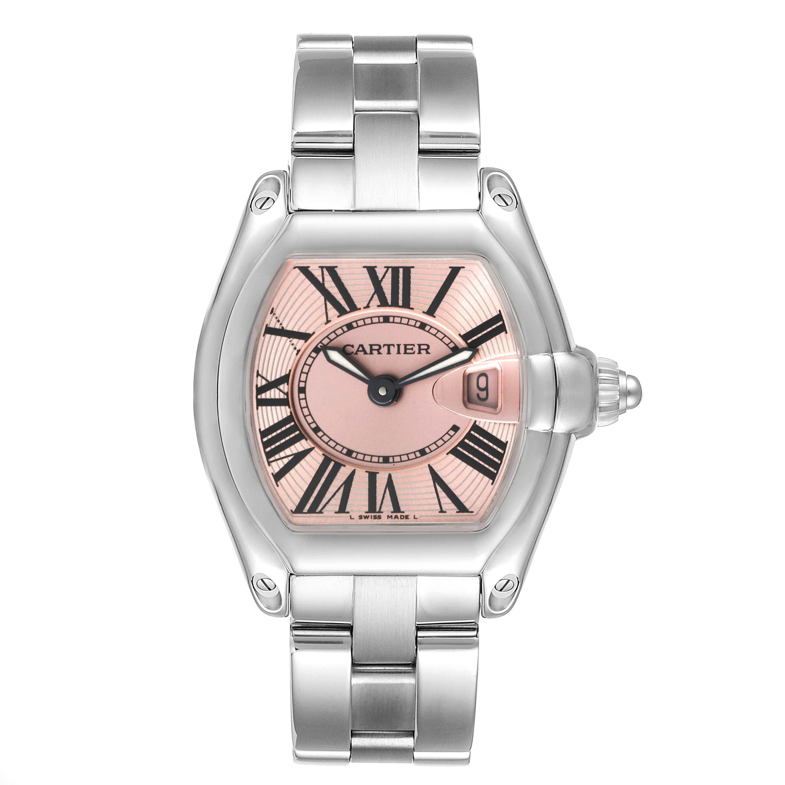 The image shows a Cartier Roadster W62017V3 Women's Stainless Steel Pink Dial W62017V3 Women's Stainless Steel Pink Dial watch from a front view, displaying the dial, hands, date window, and metal bracelet.