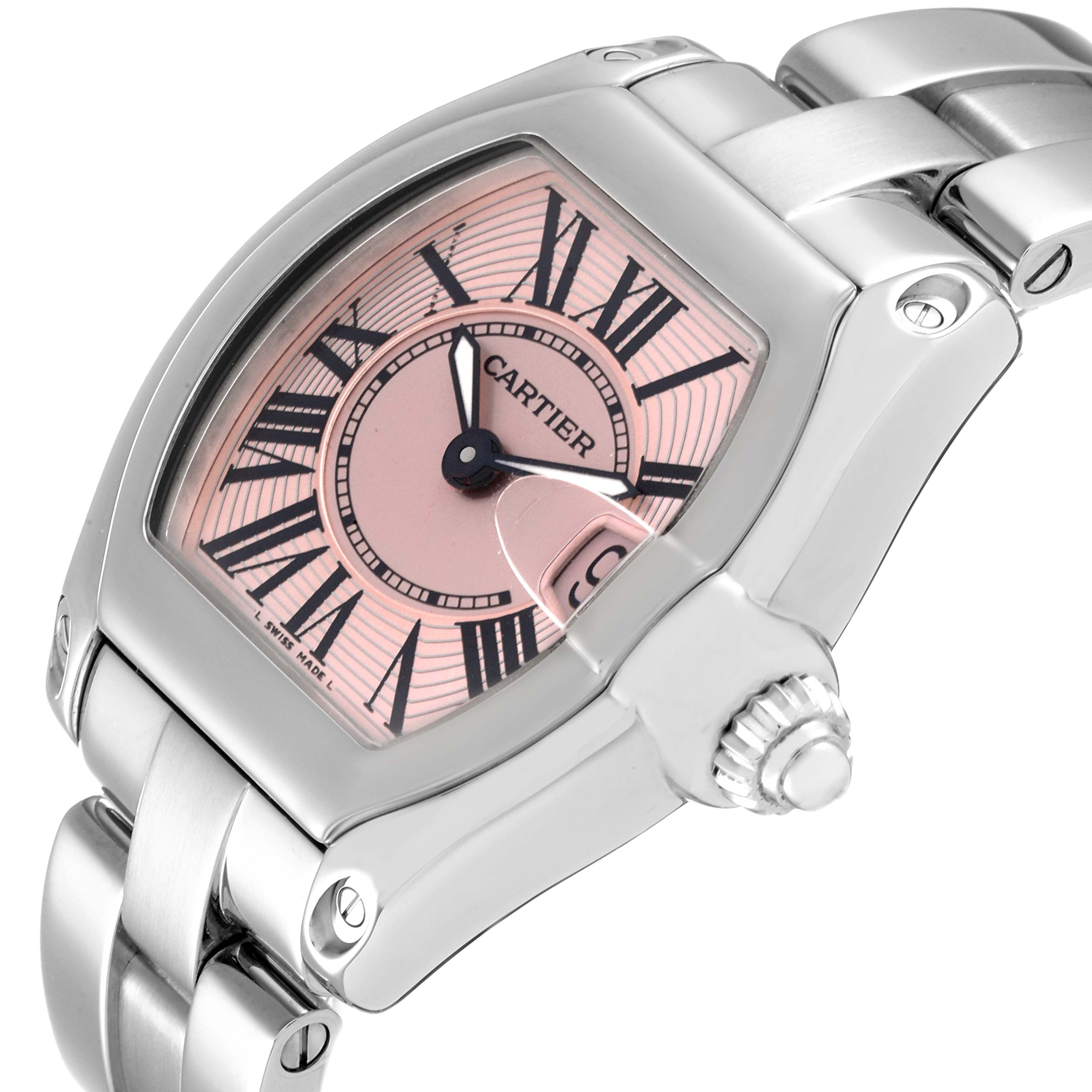 The image shows a close-up of the Cartier Roadster W62017V3 Women's Stainless Steel Pink Dial W62017V3 Women's Stainless Steel Pink Dial watch, focusing on the dial, casing, and part of the bracelet.