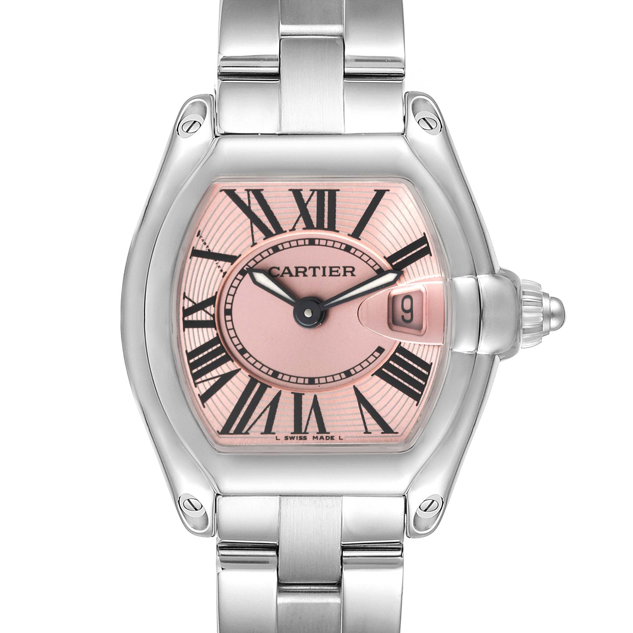 This image shows a frontal view of a Cartier Roadster W62017V3 Women's Stainless Steel Pink Dial W62017V3 Women's Stainless Steel Pink Dial model watch with a pink dial and steel bracelet.