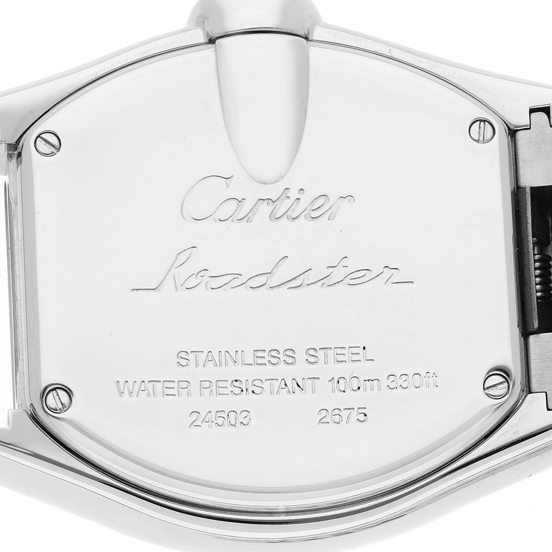 The image shows the back case of a Cartier Roadster W62017V3 Women's Stainless Steel Pink Dial W62017V3 Women's Stainless Steel Pink Dial watch in a close-up view.