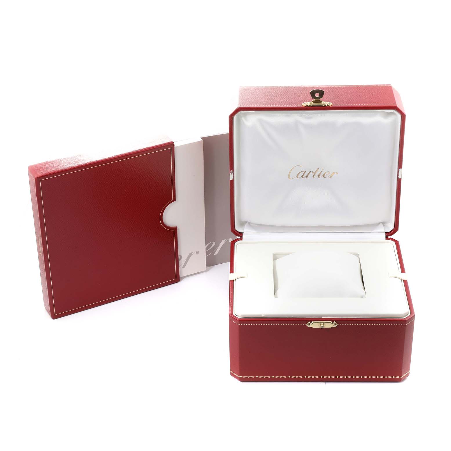 The image displays an open Cartier Roadster W62017V3 Women's Stainless Steel Pink Dial W62017V3 Women's Stainless Steel Pink Dial watch box with its lid and cushion, alongside its outer packaging.