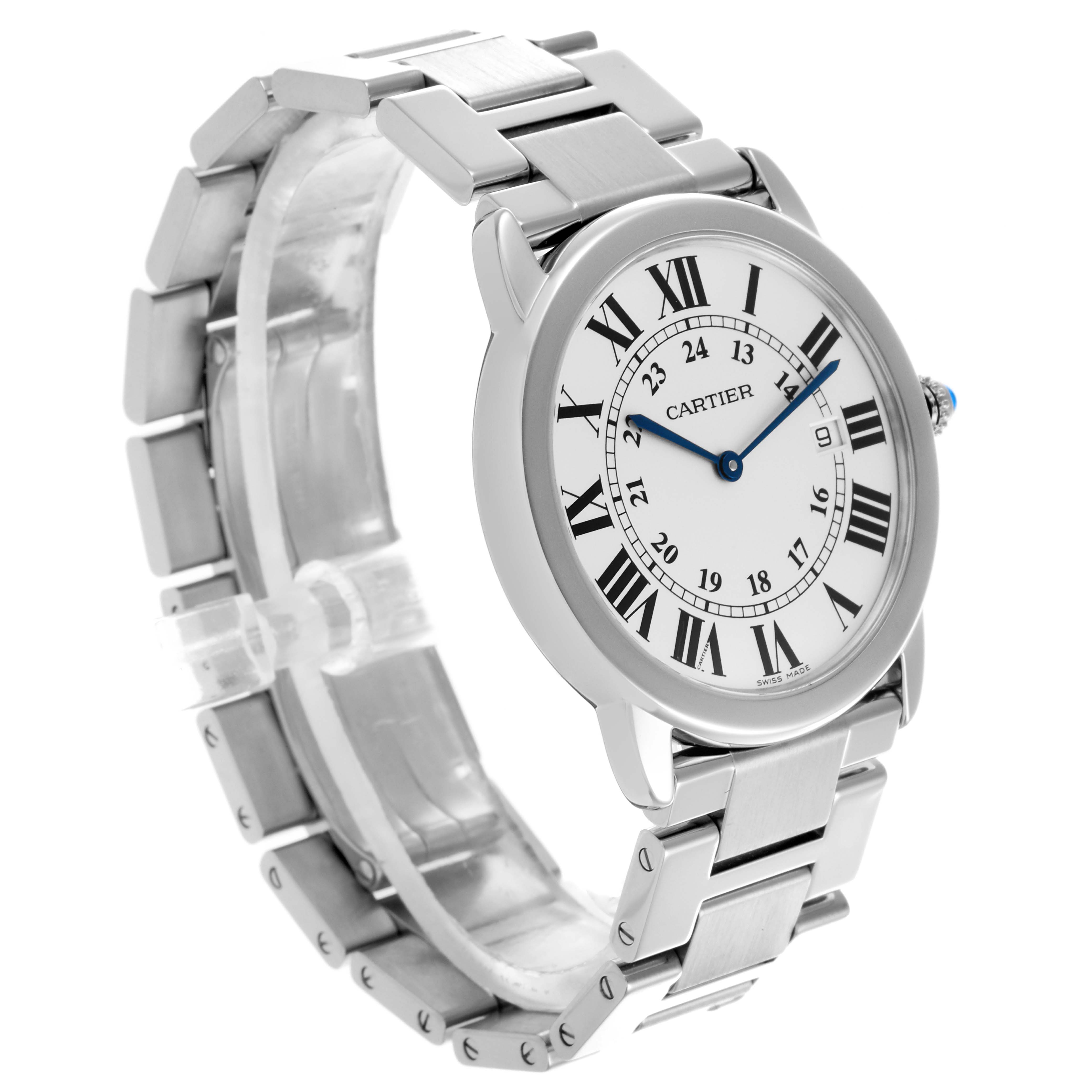 The Cartier Ronde W6701005 Men's Stainless Steel Silver Dial W6701005 Men's Stainless Steel Silver Dial watch is shown at a three-quarter angle, displaying the face, bracelet, and case clearly.