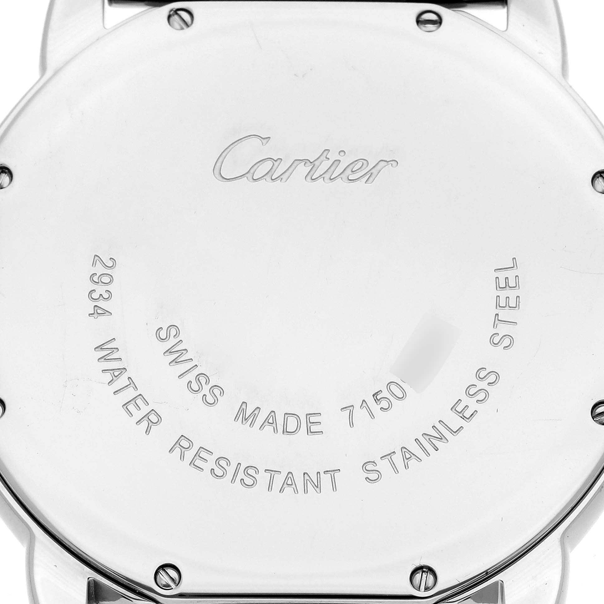 The image shows the back case of the Ronde model by Cartier, highlighting branding and specifications.