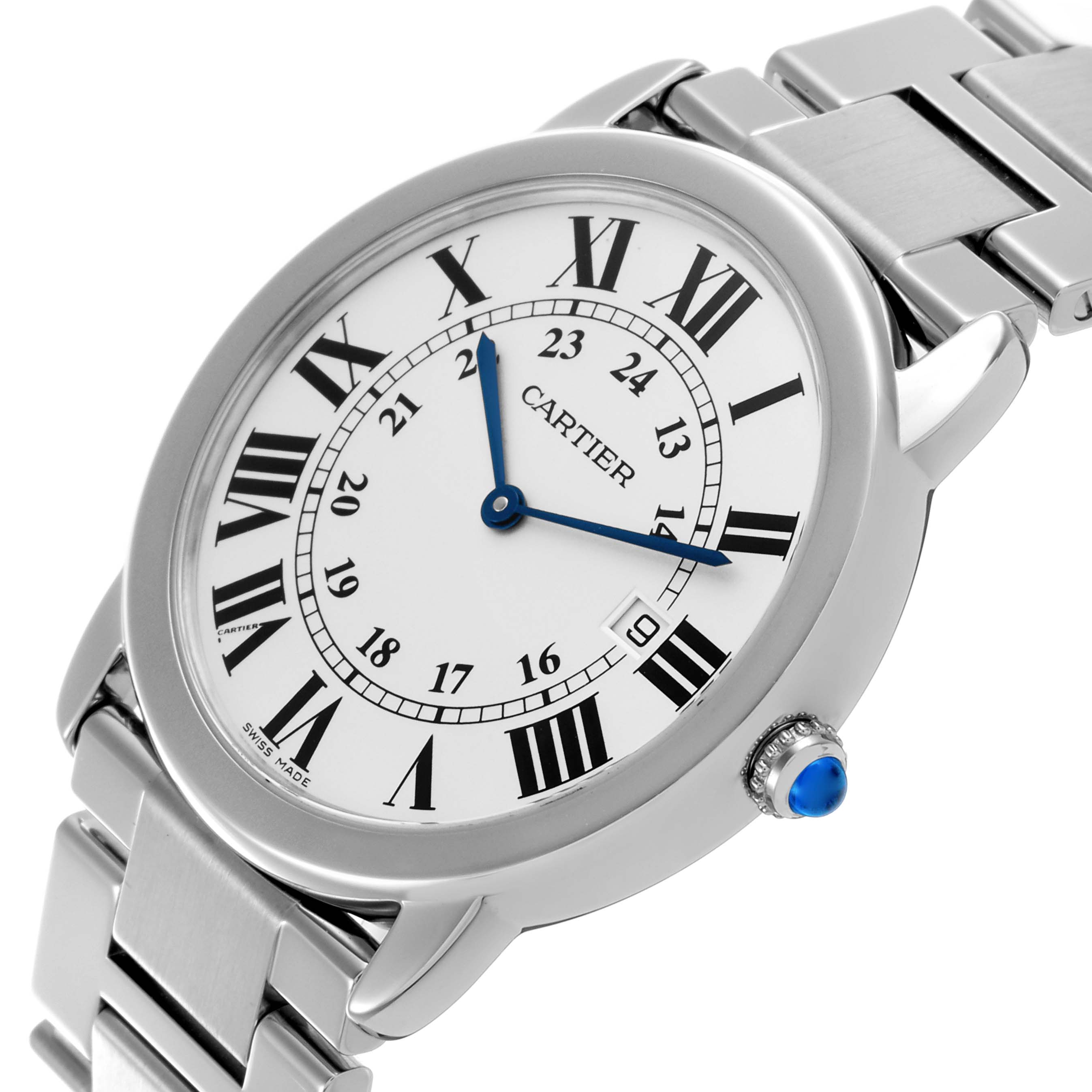 The image shows a Cartier Ronde W6701005 Men's Stainless Steel Silver Dial W6701005 Men's Stainless Steel Silver Dial watch at a side angle, highlighting its face, bezel, crown, and metal bracelet.