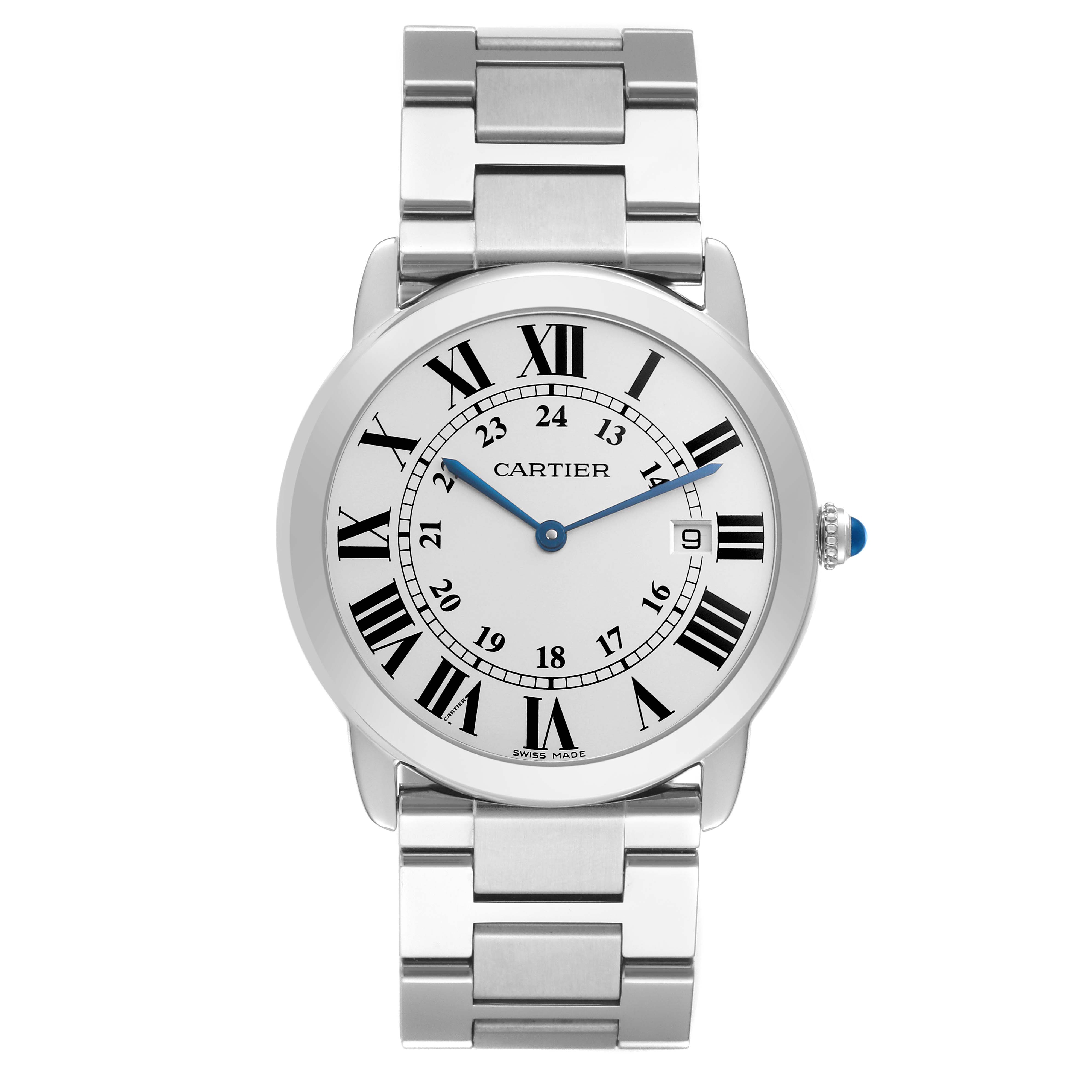 The Cartier Ronde W6701005 Men's Stainless Steel Silver Dial W6701005 Men's Stainless Steel Silver Dial watch is shown from a front view, displaying the face, bezel, and bracelet.