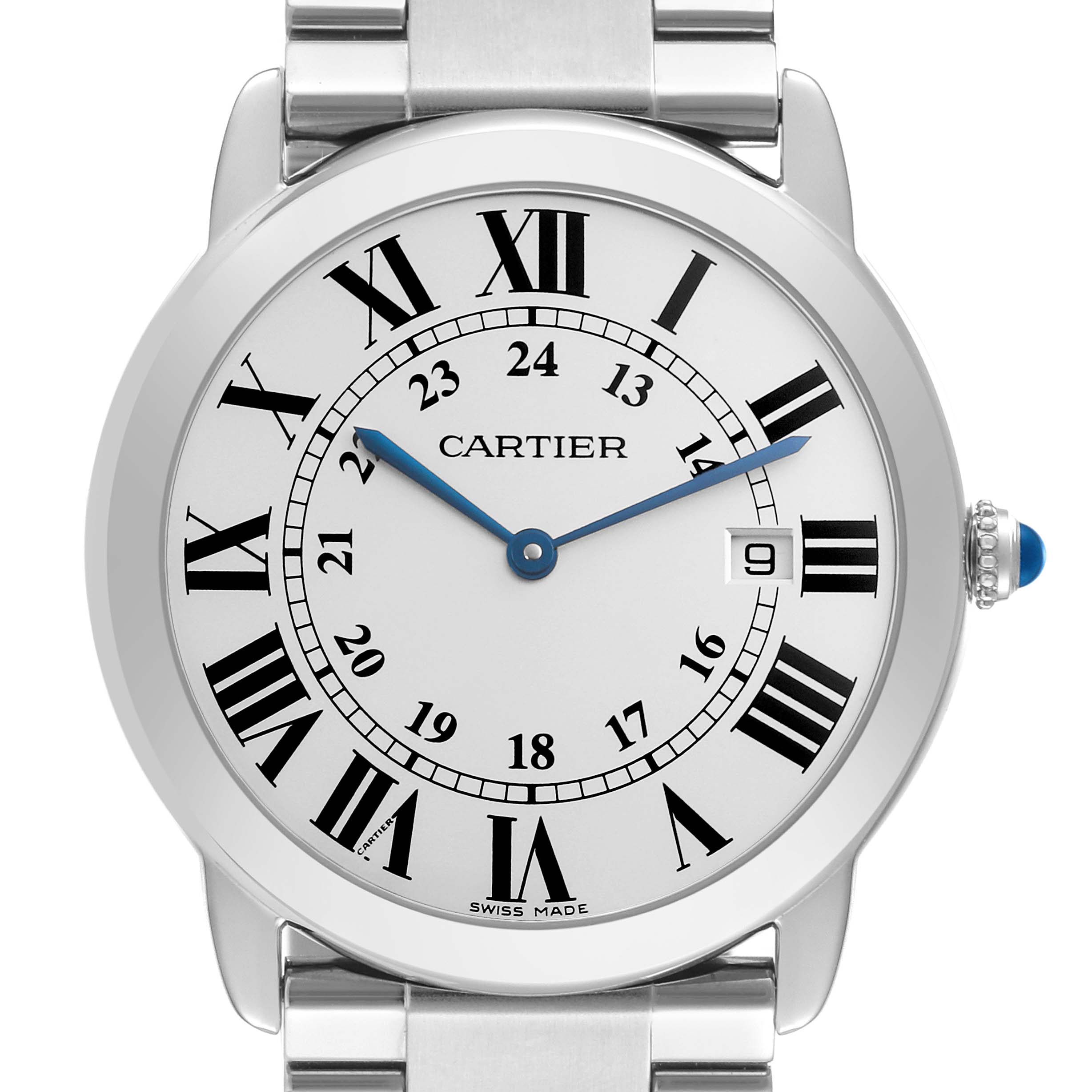 The Cartier Ronde W6701005 Men's Stainless Steel Silver Dial W6701005 Men's Stainless Steel Silver Dial watch is shown from a front angle, highlighting the dial, Roman numerals, hands, and date window.
