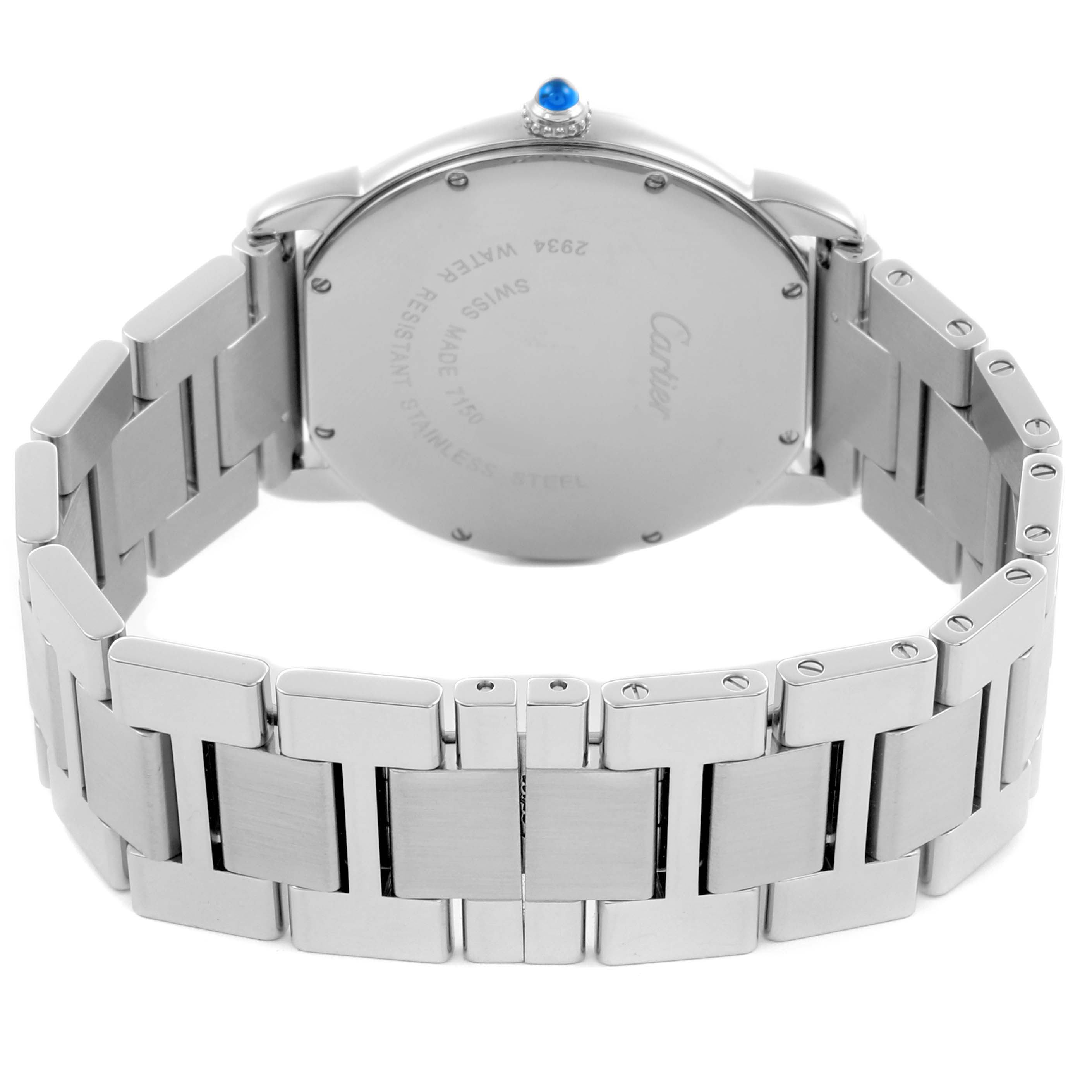 The image shows the back and bracelet of the Cartier Ronde W6701005 Men's Stainless Steel Silver Dial W6701005 Men's Stainless Steel Silver Dial watch, highlighting its stainless steel design and clasp.