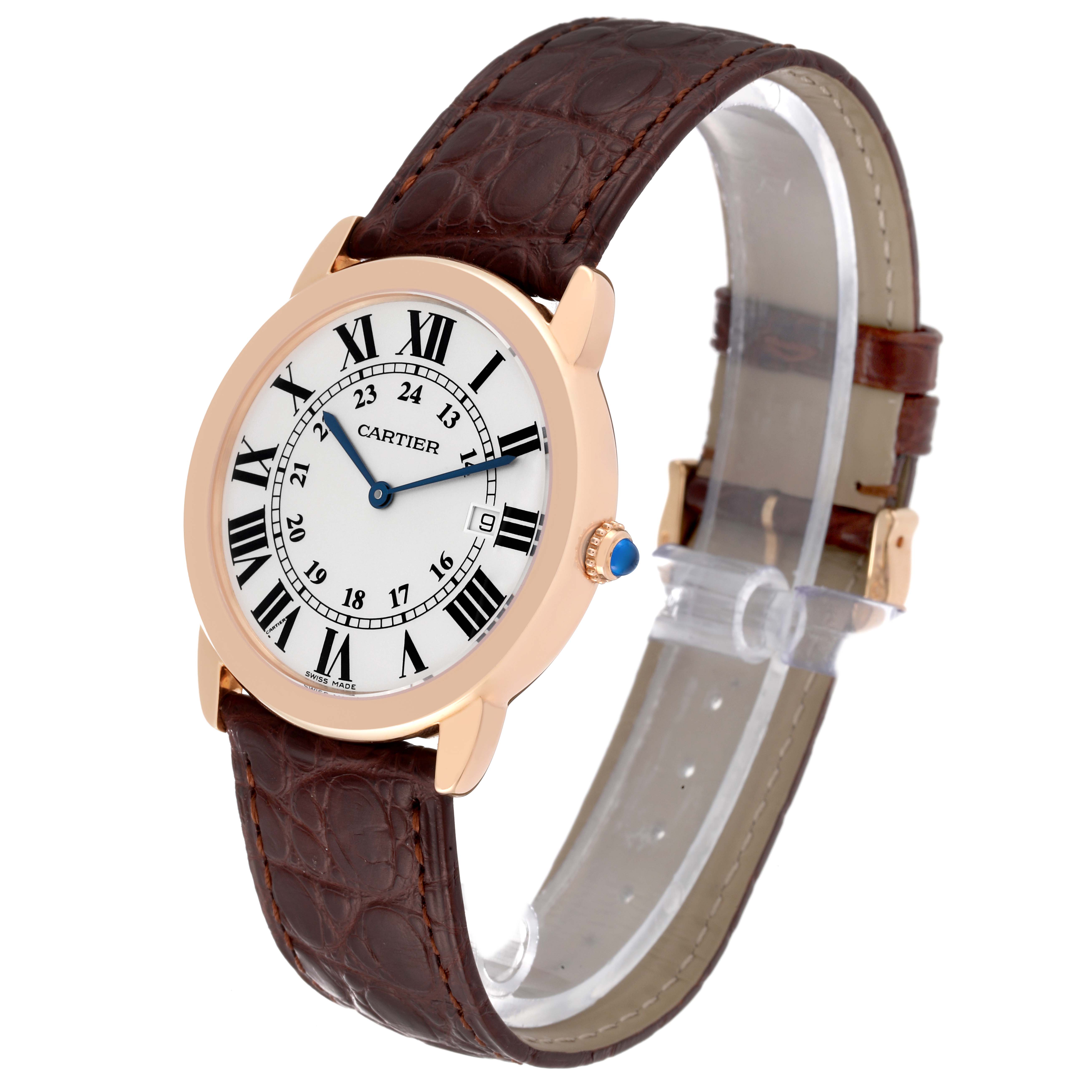 The image shows a Cartier Ronde W6701008 Men
s Steel and Gold (two tone) Silver Dial W6701008 Men
s Steel and Gold (two tone) Silver Dial watch at a front angle, highlighting the dial, crown, and brown leather strap.