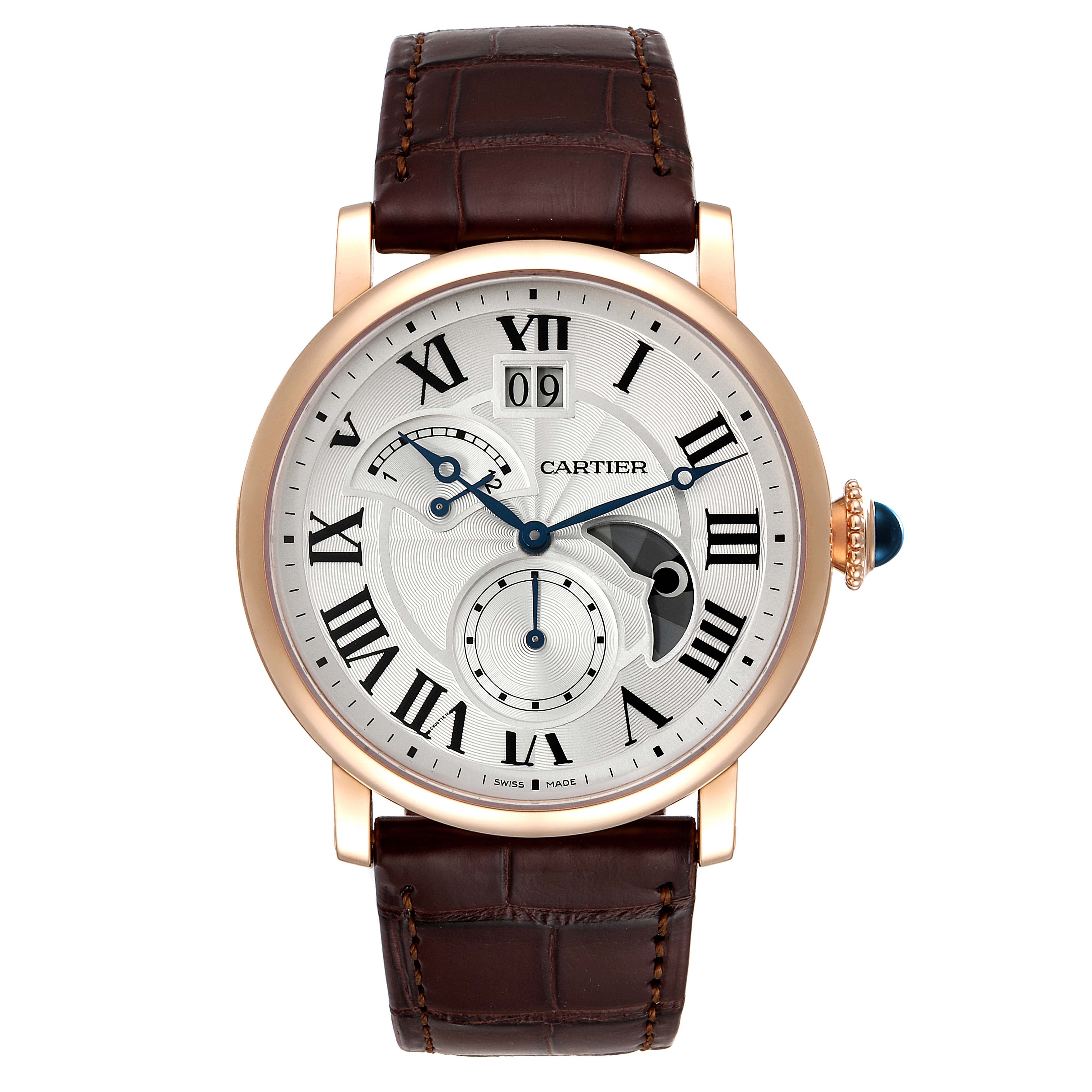 The image shows a frontal view of a Cartier Rotonde W1556240 Men's Rose Gold Silver Dial W1556240 Men's Rose Gold Silver Dial model watch with a brown leather strap and a detailed dial.