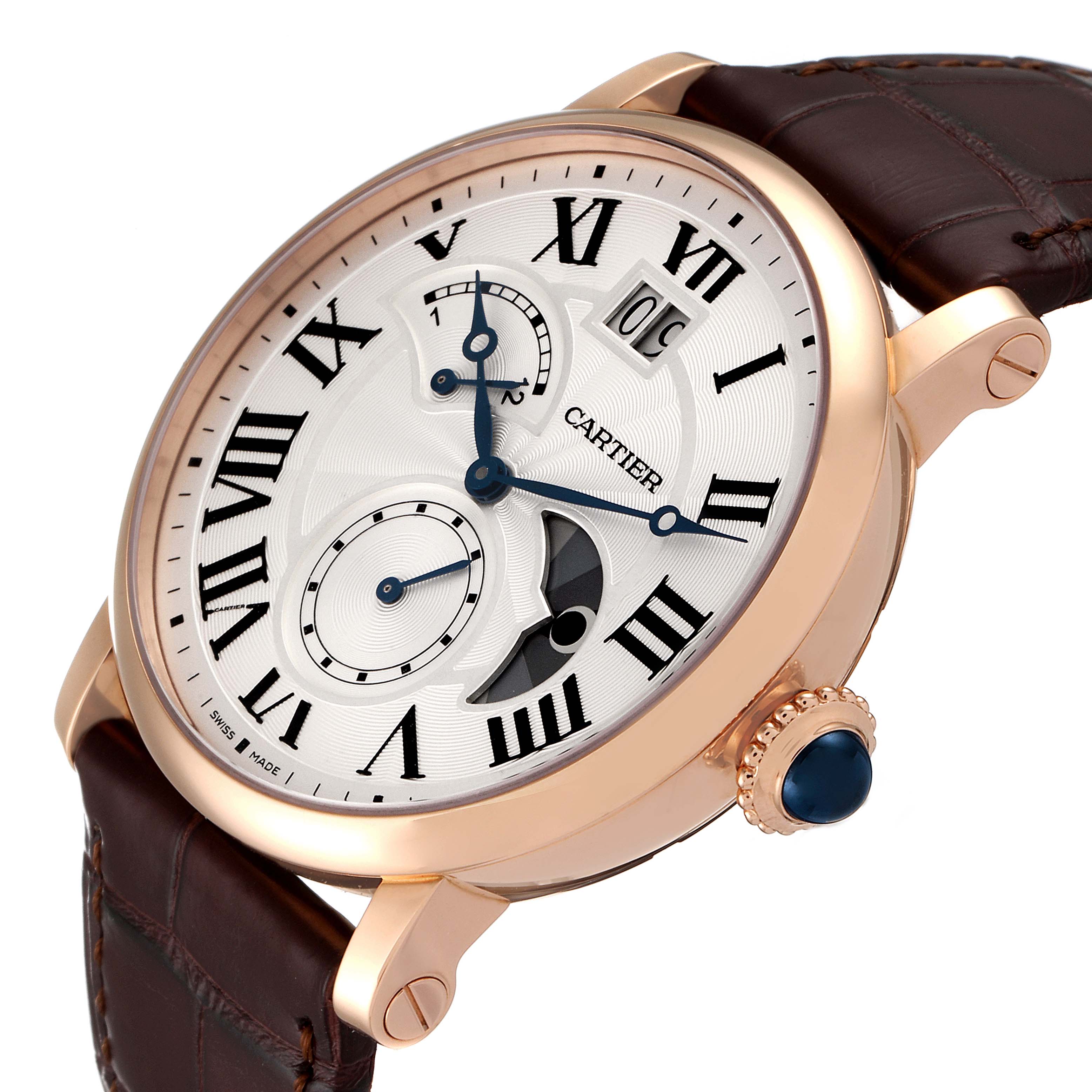 This image shows a Cartier Rotonde W1556240 Men's Rose Gold Silver Dial W1556240 Men's Rose Gold Silver Dial watch at a three-quarter angle, highlighting its face, dial, and leather strap.