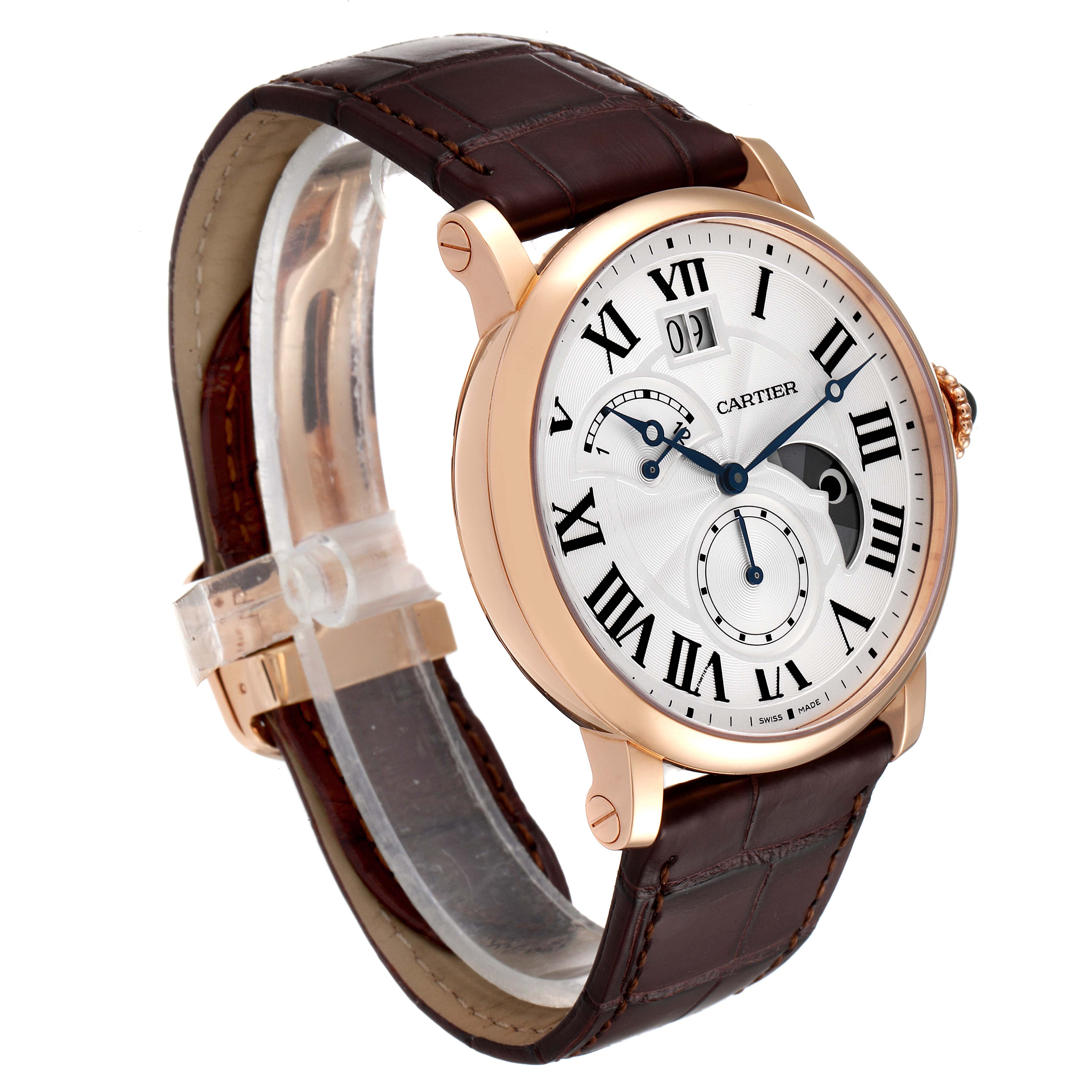 The Cartier Rotonde W1556240 Men's Rose Gold Silver Dial W1556240 Men's Rose Gold Silver Dial watch is shown at a three-quarter angle, displaying its face, strap, crown, and side profile.