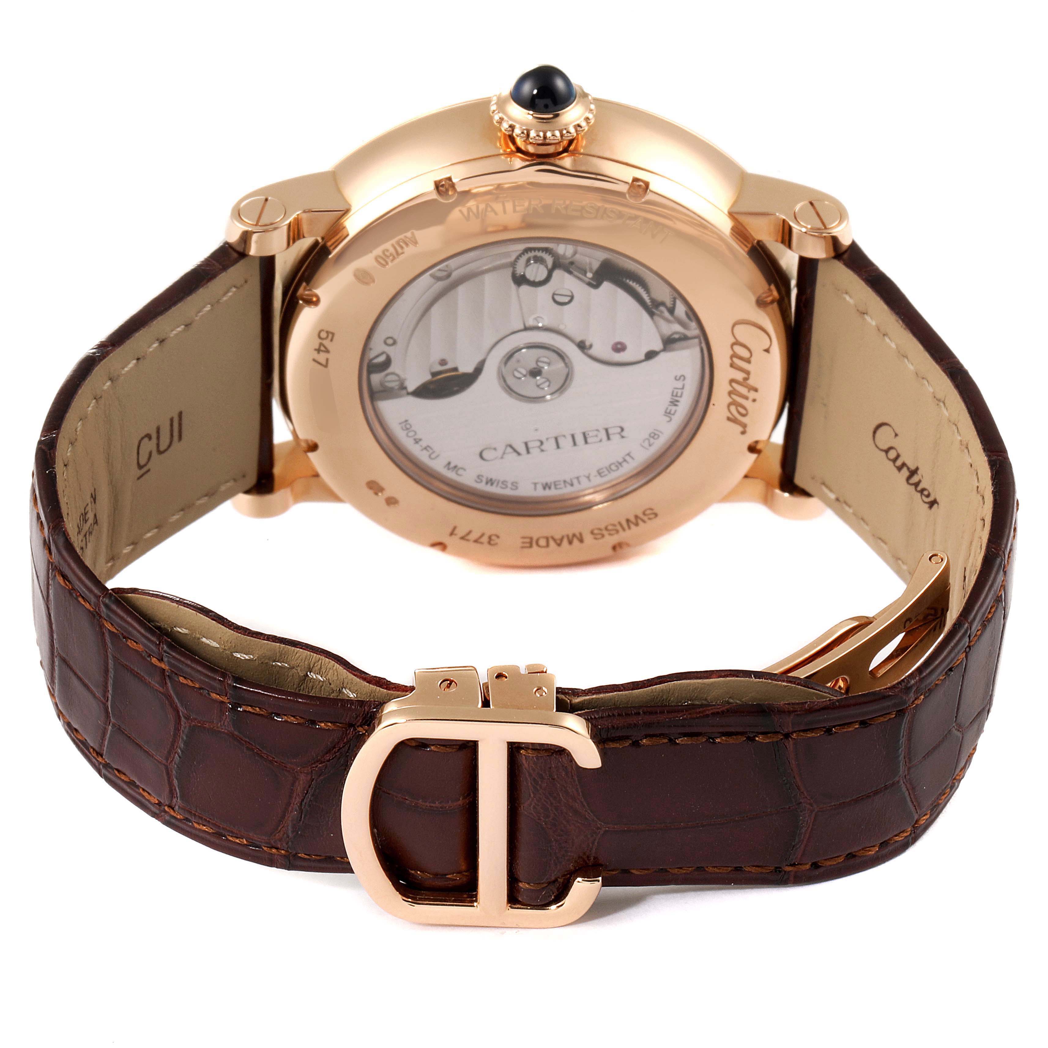 The image shows the backside and strap of a Cartier Rotonde W1556240 Men's Rose Gold Silver Dial W1556240 Men's Rose Gold Silver Dial watch, highlighting the movement and clasp.