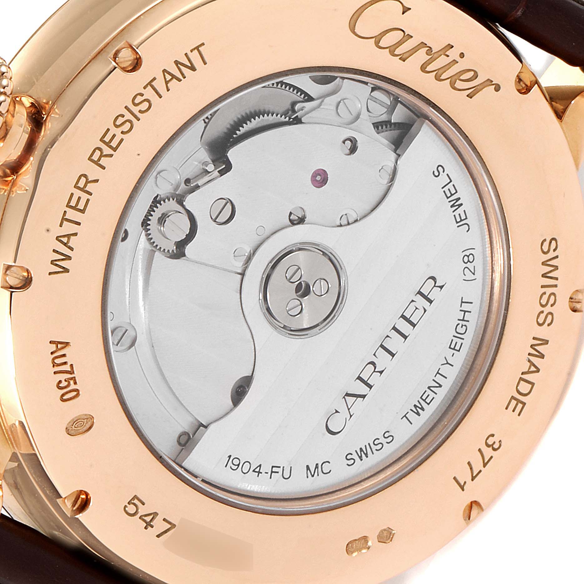 This image shows the back of a Cartier Rotonde W1556240 Men's Rose Gold Silver Dial W1556240 Men's Rose Gold Silver Dial watch, featuring the exposed movement and engraved details.
