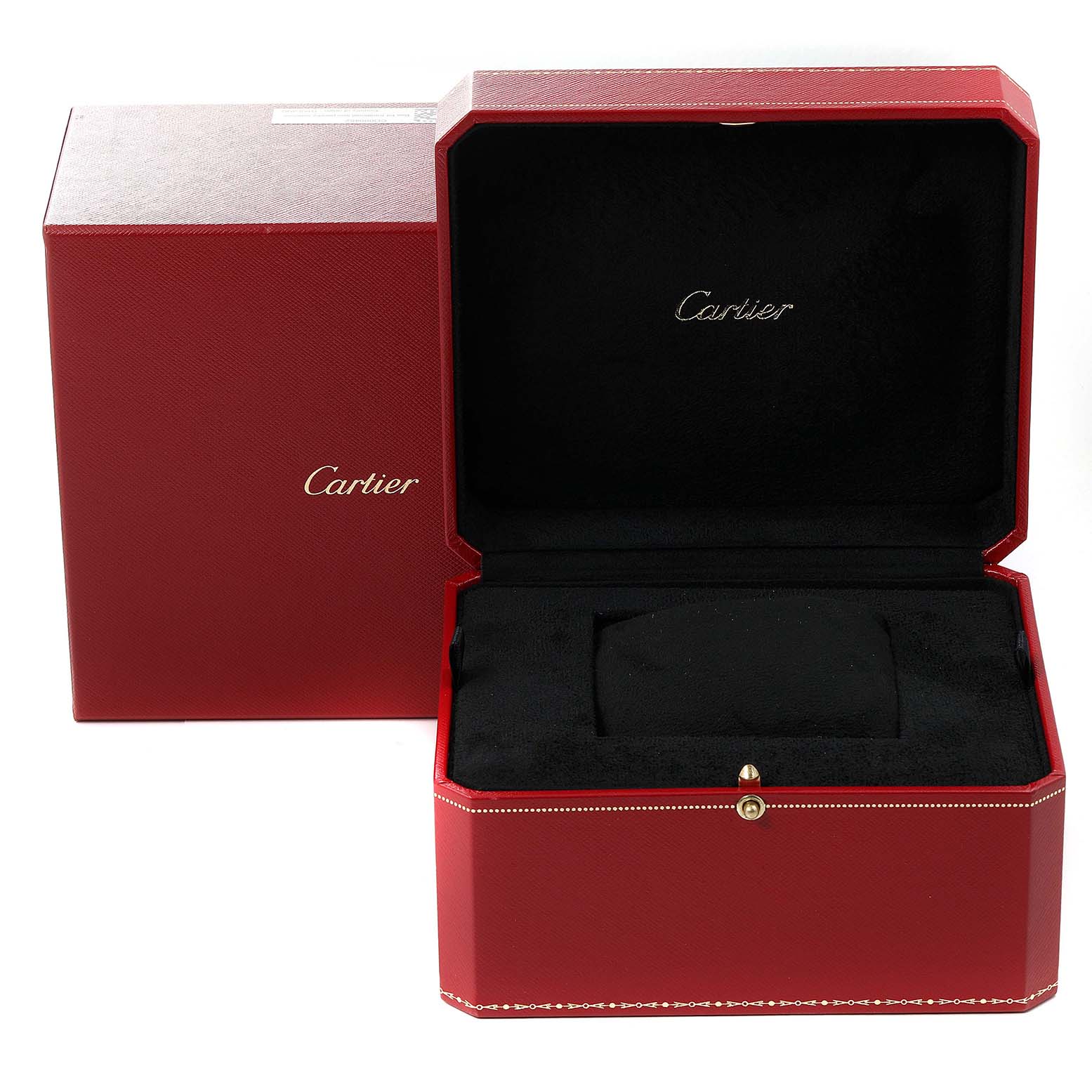 This image shows a red Cartier watch box, open, with a black interior for the Rotonde model by Cartier.