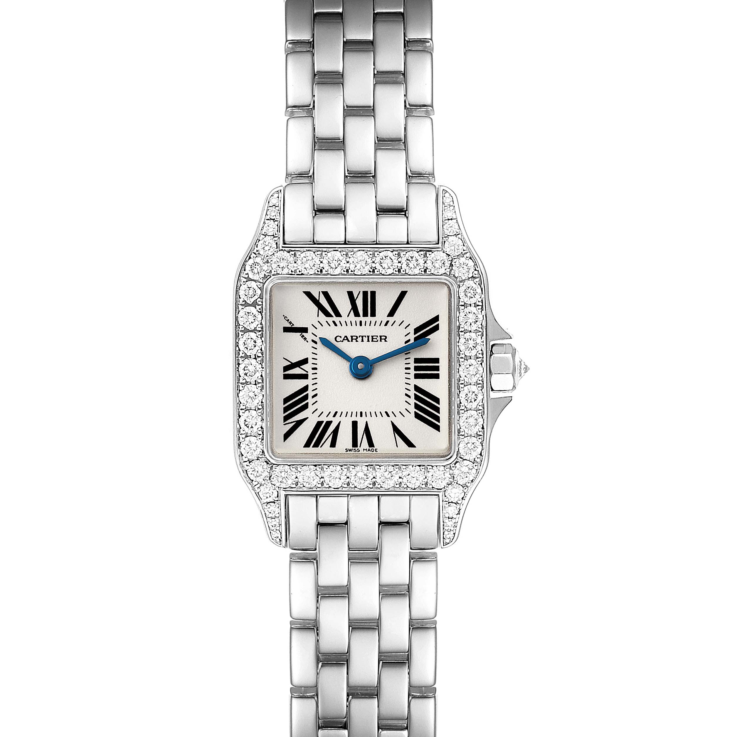 The image shows a front view of the Cartier Santos Demoiselle WF9003Y8 Women
s White Gold Silver Dial WF9003Y8 Women
s White Gold Silver Dial watch, highlighting the face, bezel, and part of the bracelet.