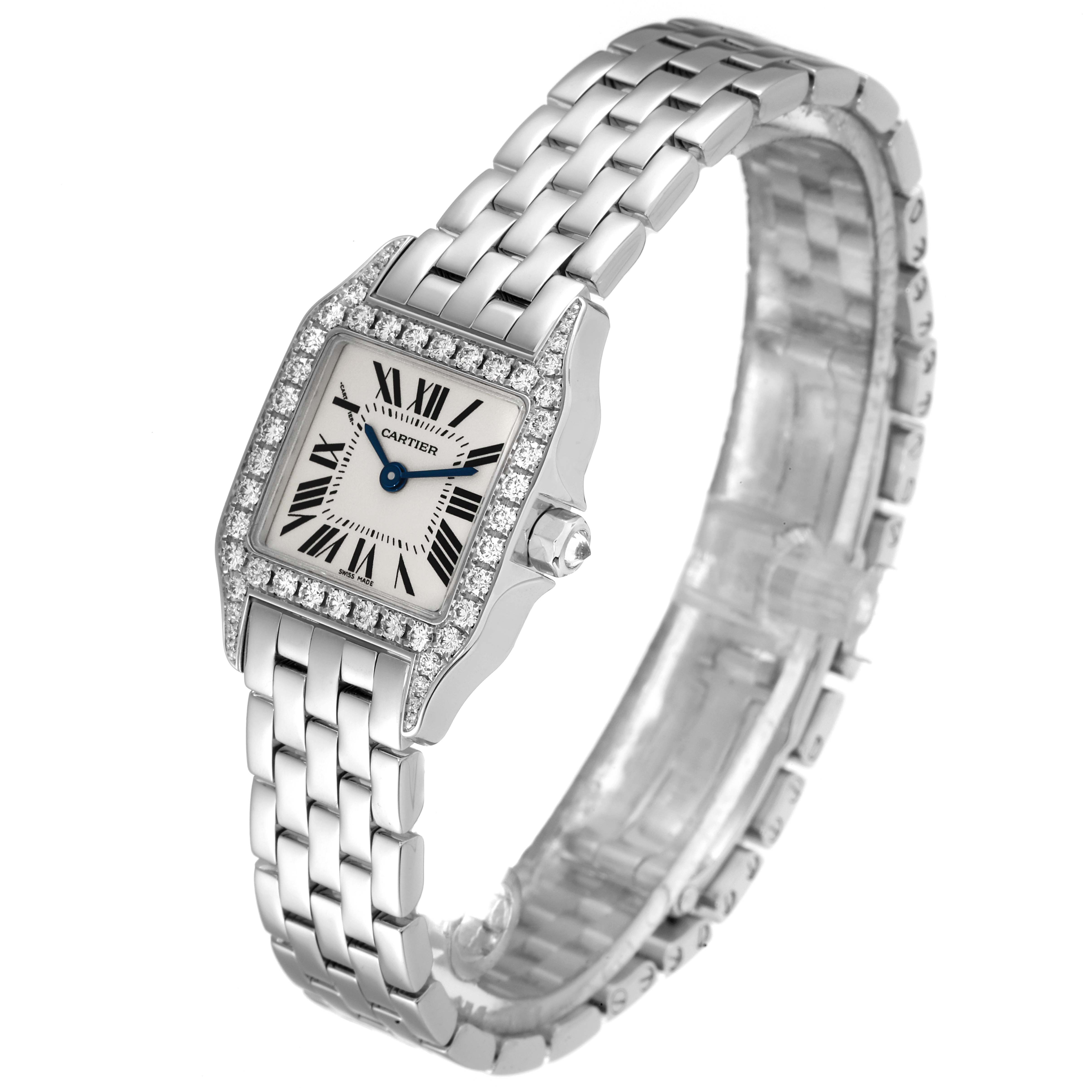 This is a front-angle view of the Cartier Santos Demoiselle WF9003Y8 Women
s White Gold Silver Dial WF9003Y8 Women
s White Gold Silver Dial watch, displaying its face, bezel, and stainless steel bracelet.