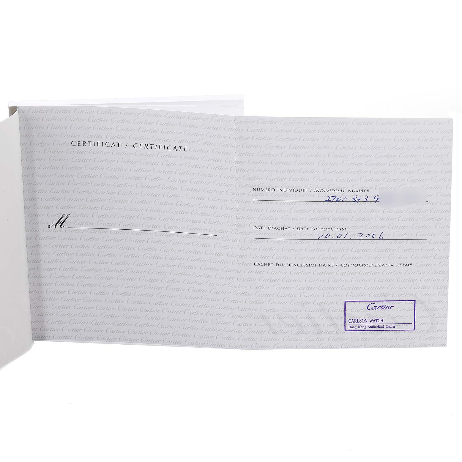 This image shows a certificate for the Santos Demoiselle model by Cartier.