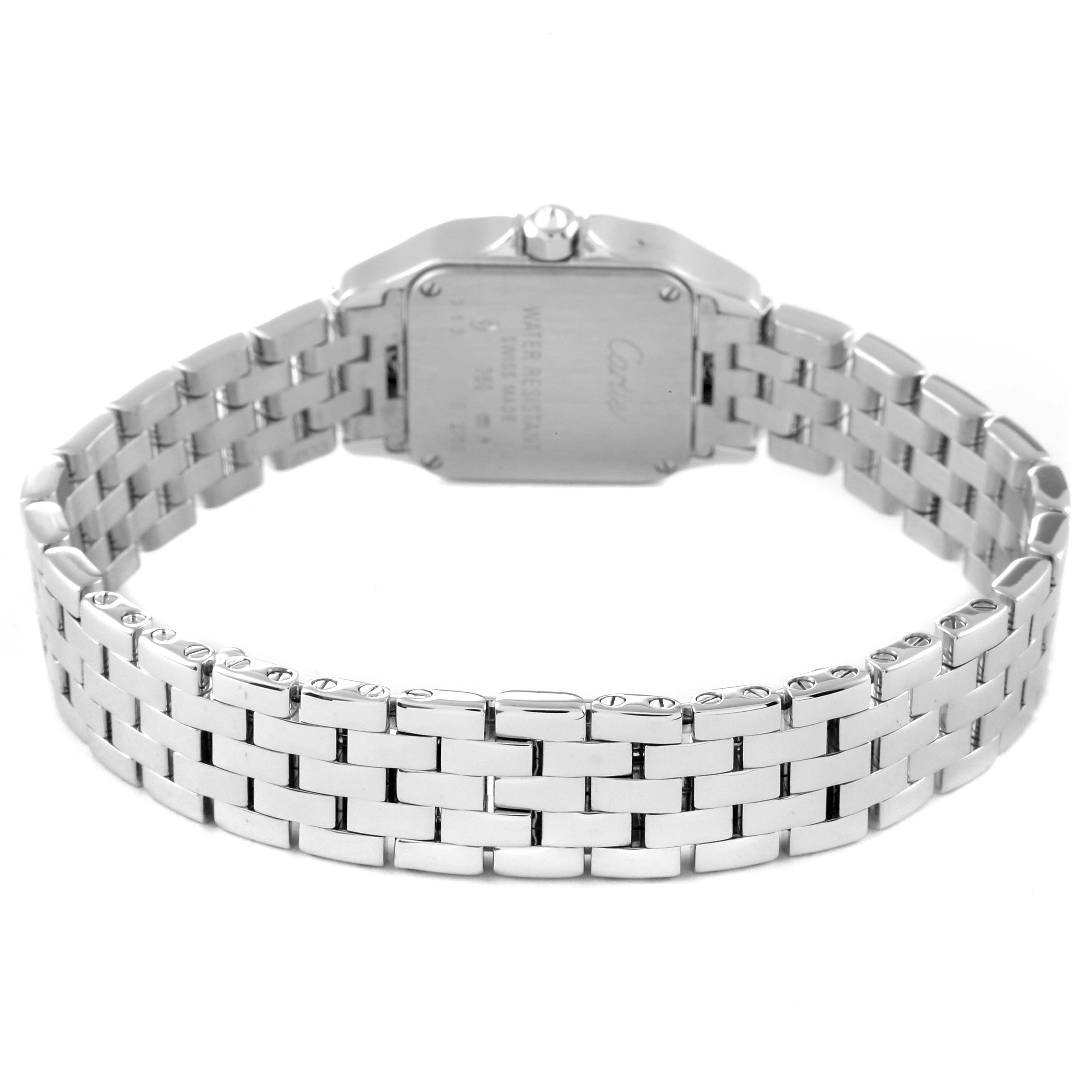 This is a rear view of the Santos Demoiselle watch by Cartier, showing the case back and metal bracelet.