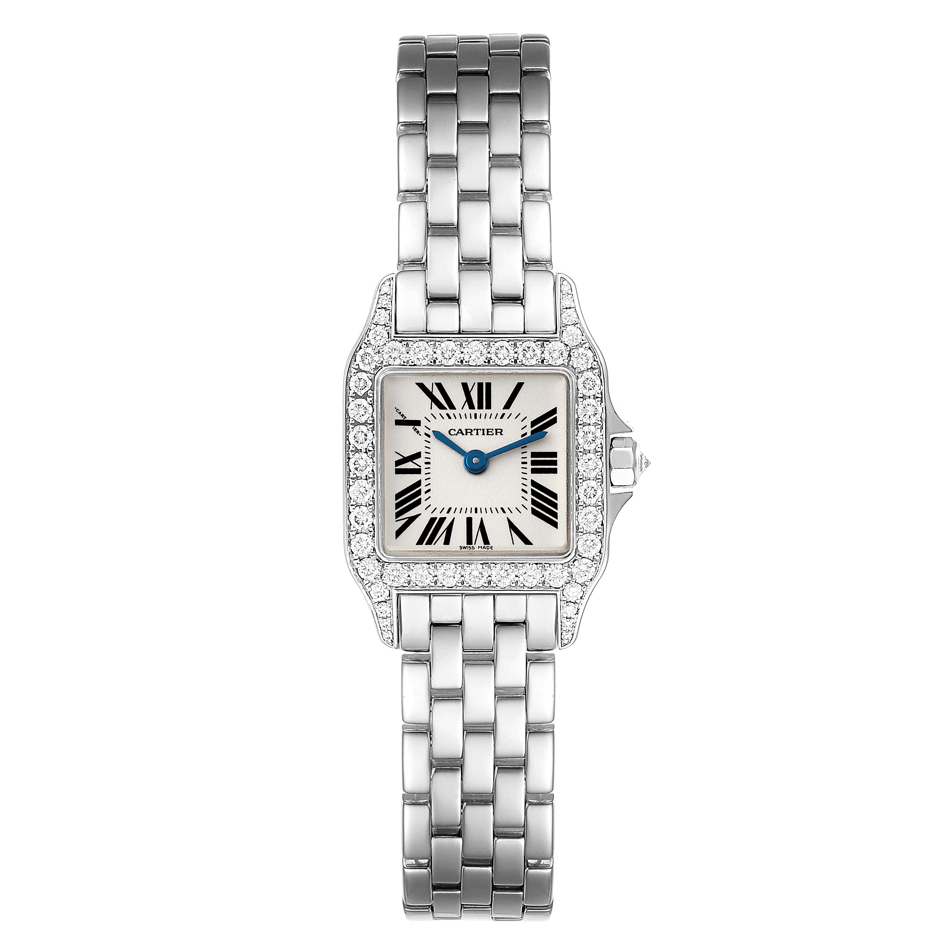 This image shows a front view of the Cartier Santos Demoiselle WF9003Y8 Women
s White Gold Silver Dial WF9003Y8 Women
s White Gold Silver Dial watch, displaying its face, bezel, crown, and bracelet.