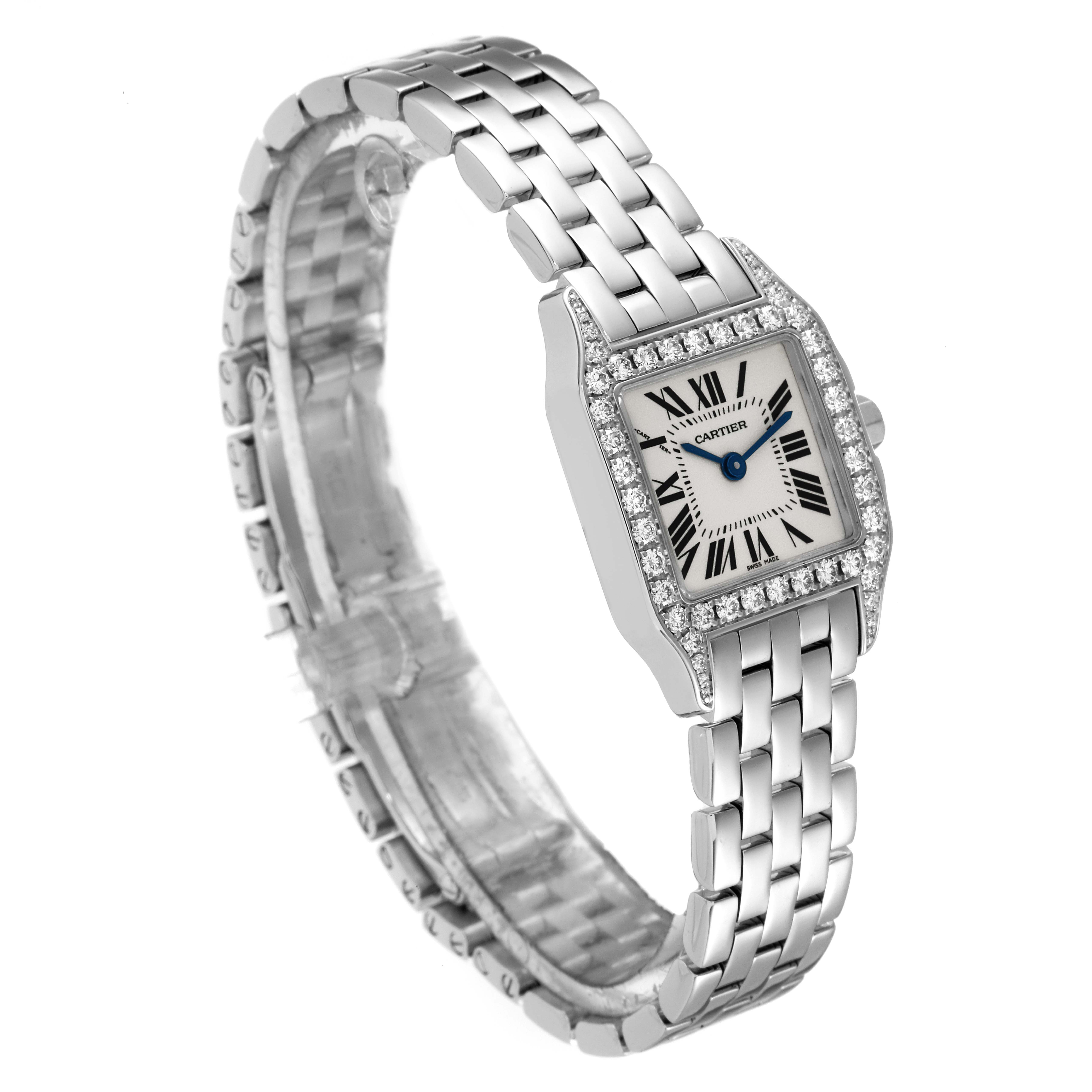 The Cartier Santos Demoiselle WF9003Y8 Women
s White Gold Silver Dial WF9003Y8 Women
s White Gold Silver Dial watch is shown at an angle displaying its face, bezel, and bracelet.