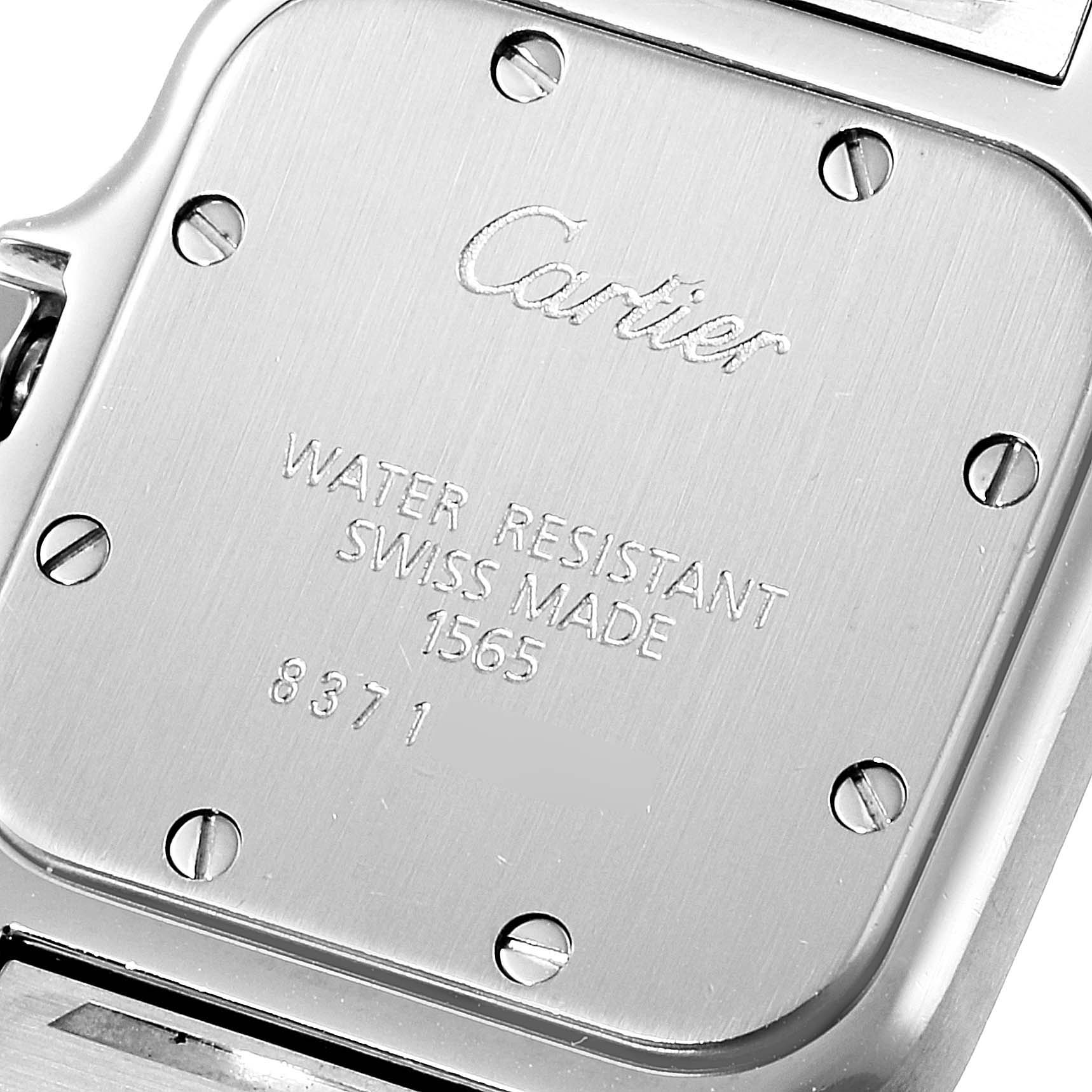 This image shows the back case of a Cartier Santos W20064D6 Women's Stainless Steel Blue Dial W20064D6 Women's Stainless Steel Blue Dial watch at a close-up angle.