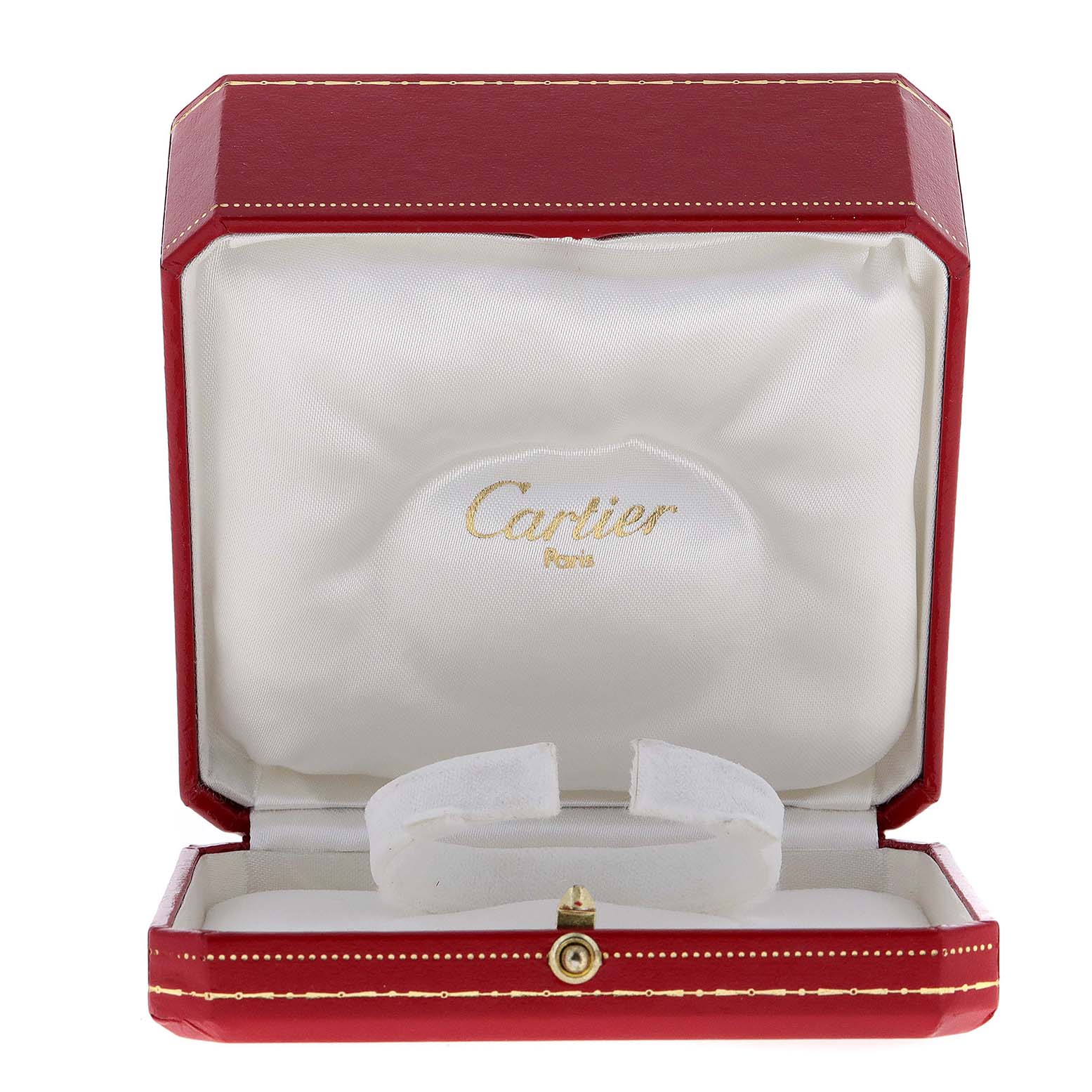 The image shows an open red Cartier watch box for a Santos model, featuring a padded interior and "Cartier Paris" logo.
