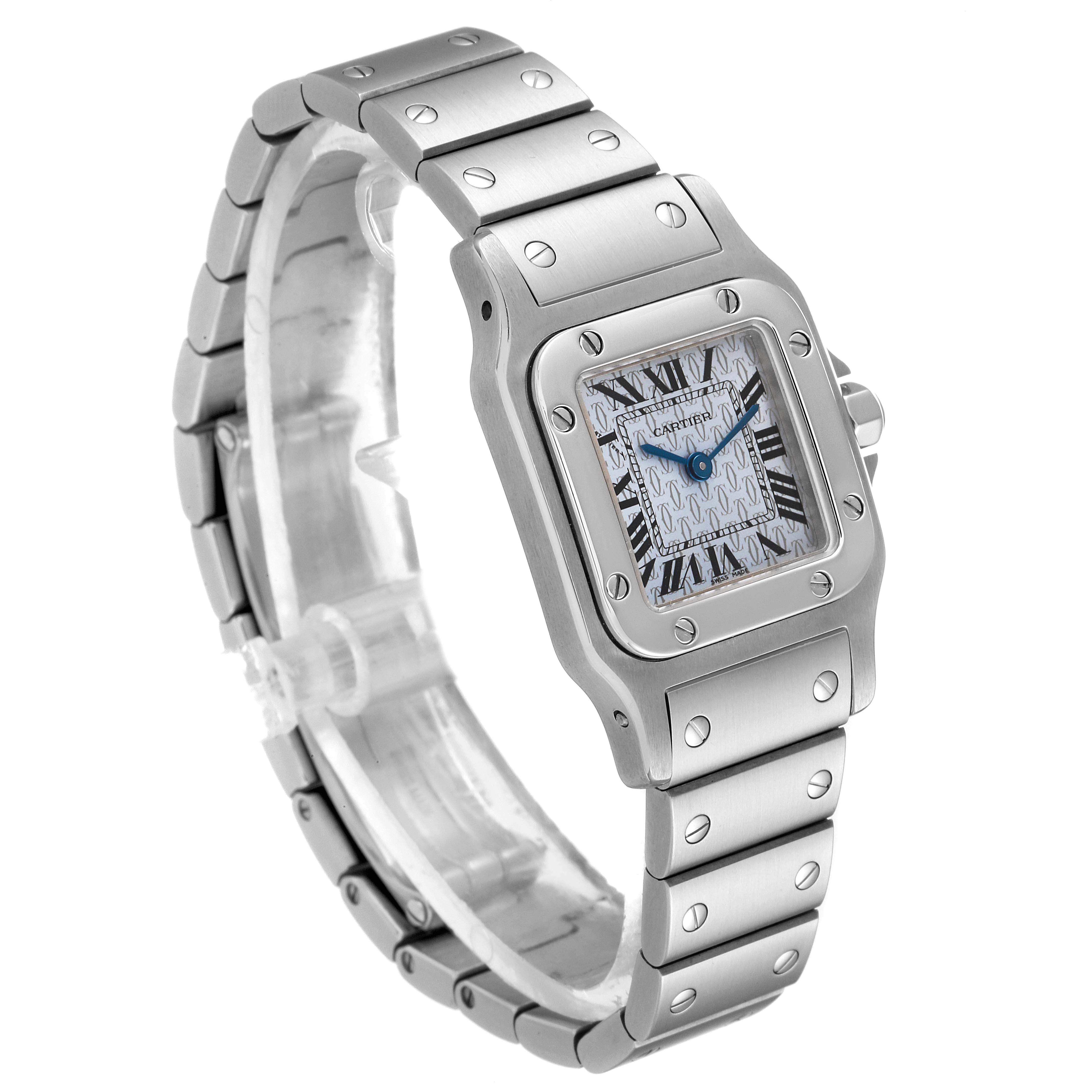 The image shows a Santos model by Cartier, showcasing the front and side view of the watch including the bracelet.